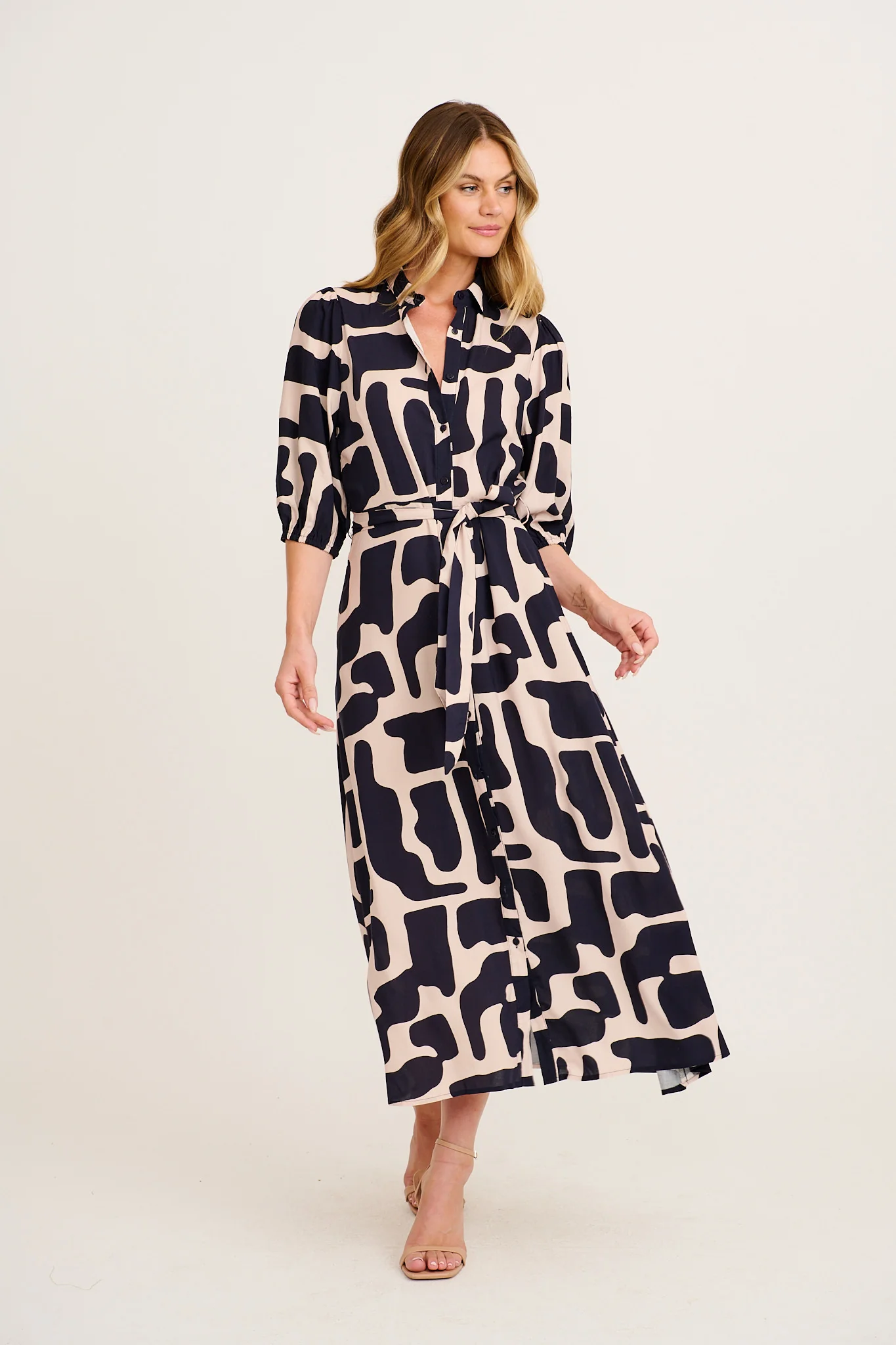 Coco Maxi Shirt Dress in Black with Cream Print