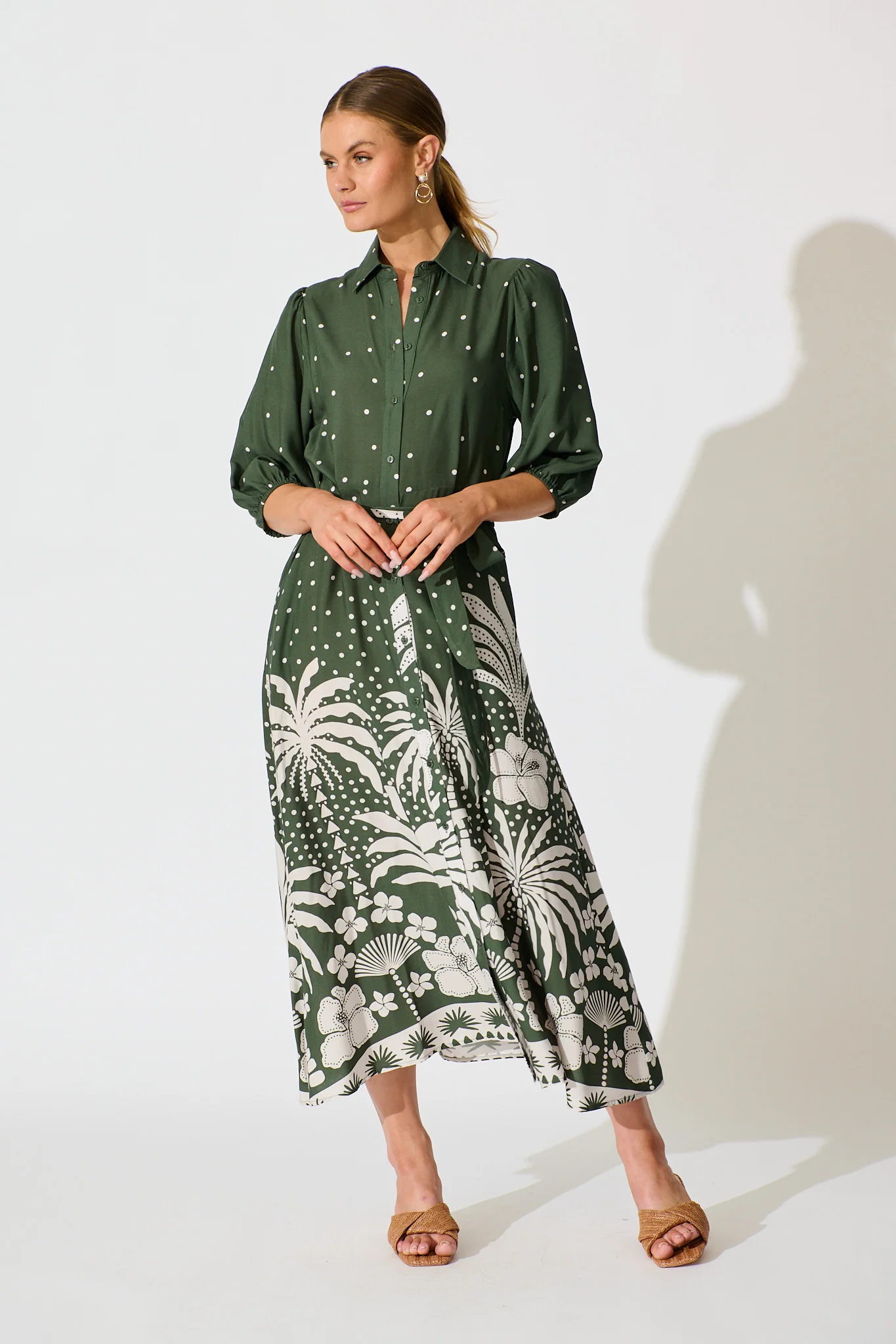 Coco Maxi Shirt Dress in Emerald with White Palm Print