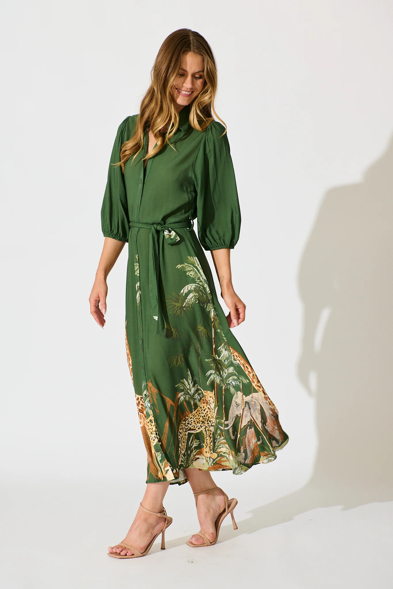 Coco Maxi Shirt Dress in Green Print - Image 3