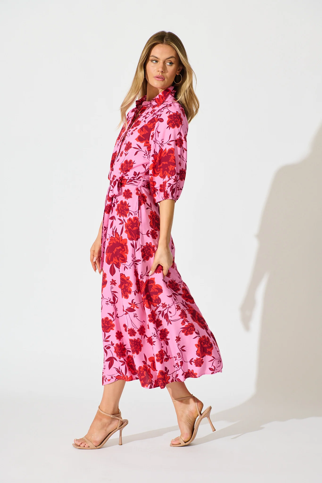 Coco Maxi Shirt Dress in Pink with Red Floral Print - Image 3