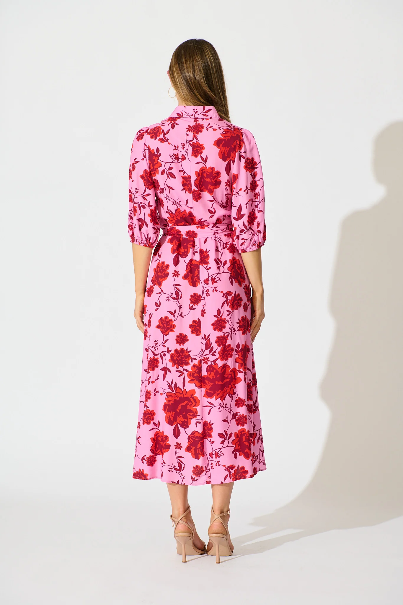 Coco Maxi Shirt Dress in Pink with Red Floral Print - Image 4