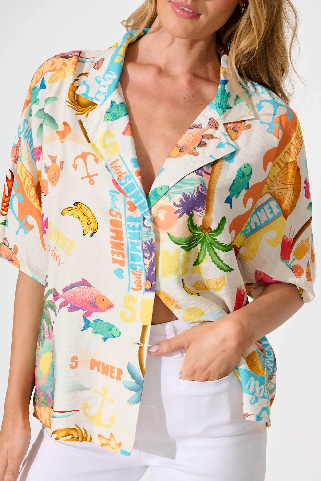 Columbia Shirt In Cream With Multi Summer Print - Image 7