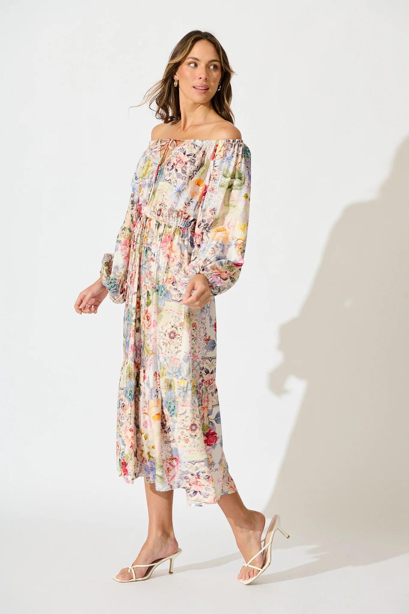 Connie Midi Dress in White with Multi Floral Print - Image 3