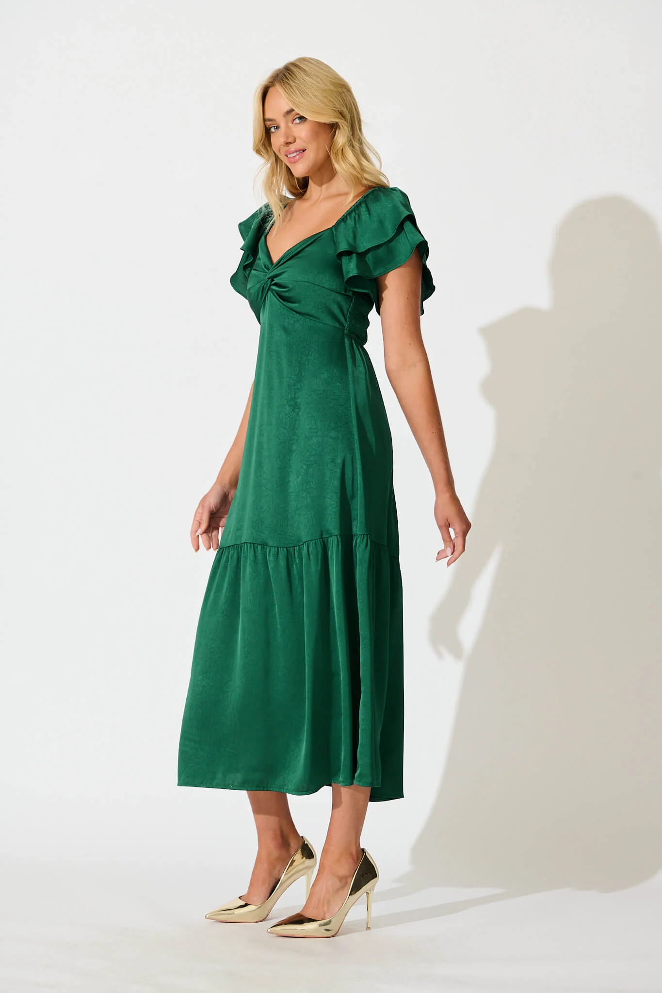 Constantine Maxi Dress in Emerald Green Crinkle Satin - Image 3