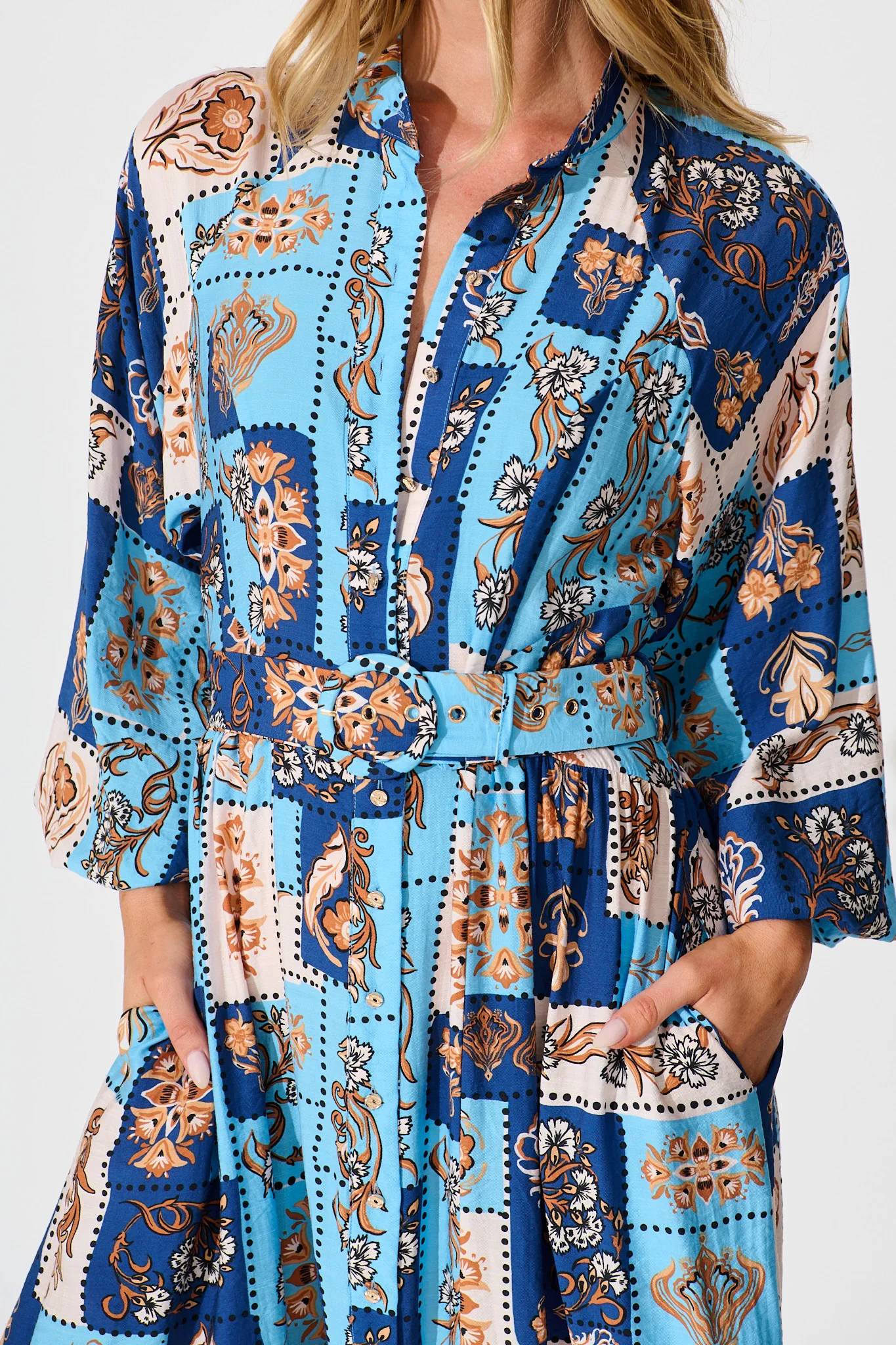 Corina Midi Dress in Blue with Brown Patchwork Print - Image 5
