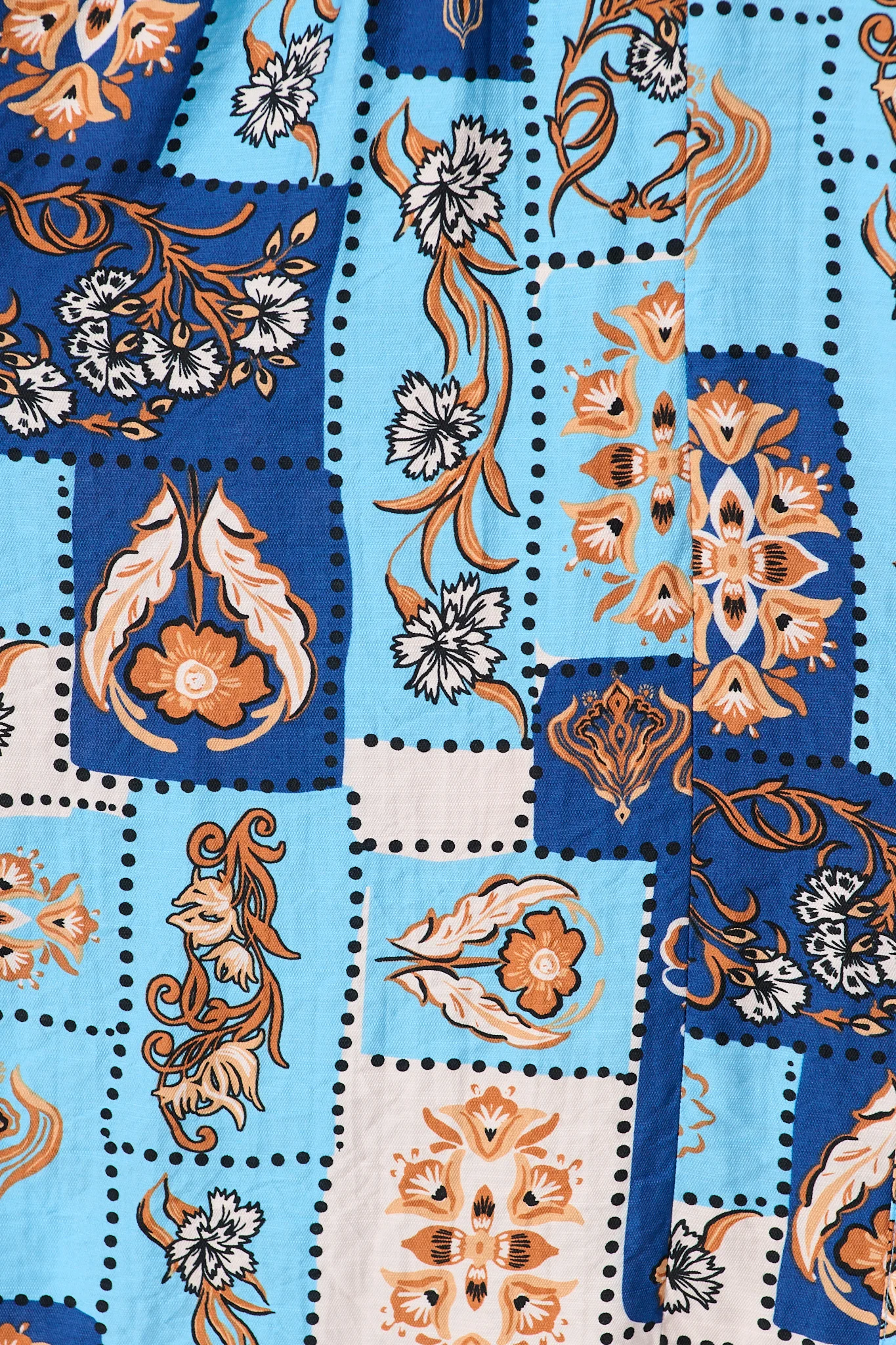 Corina Midi Dress in Blue with Brown Patchwork Print - Image 6