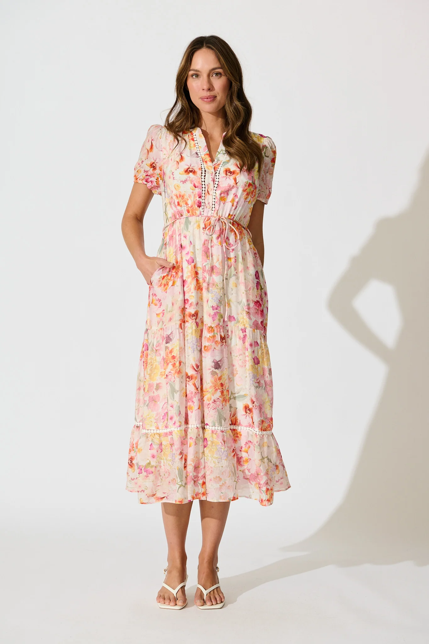 Cosima Midi Dress in Pink with Multi Watercolour Floral
