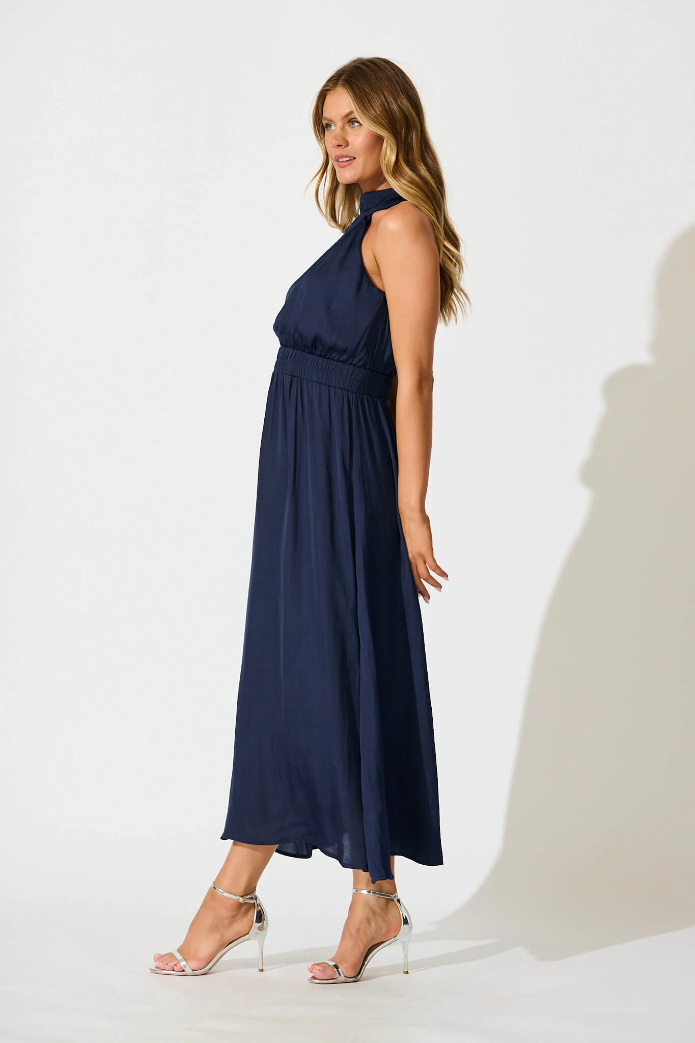 Costa Rica Halter Neck Maxi Dress in Navy Satin - Image 7
