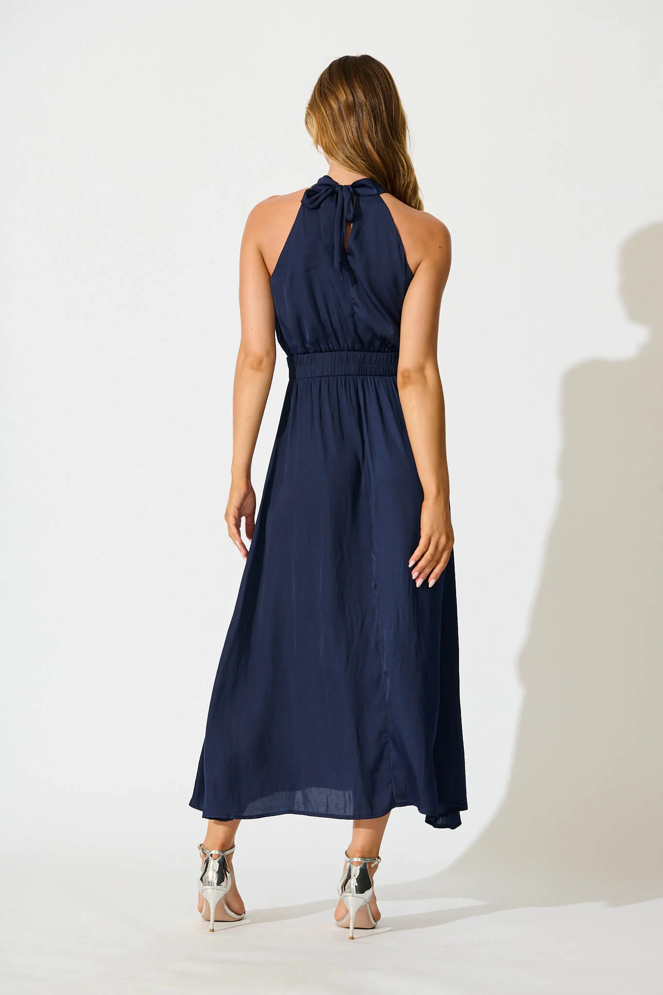 Costa Rica Halter Neck Maxi Dress in Navy Satin - Image 8