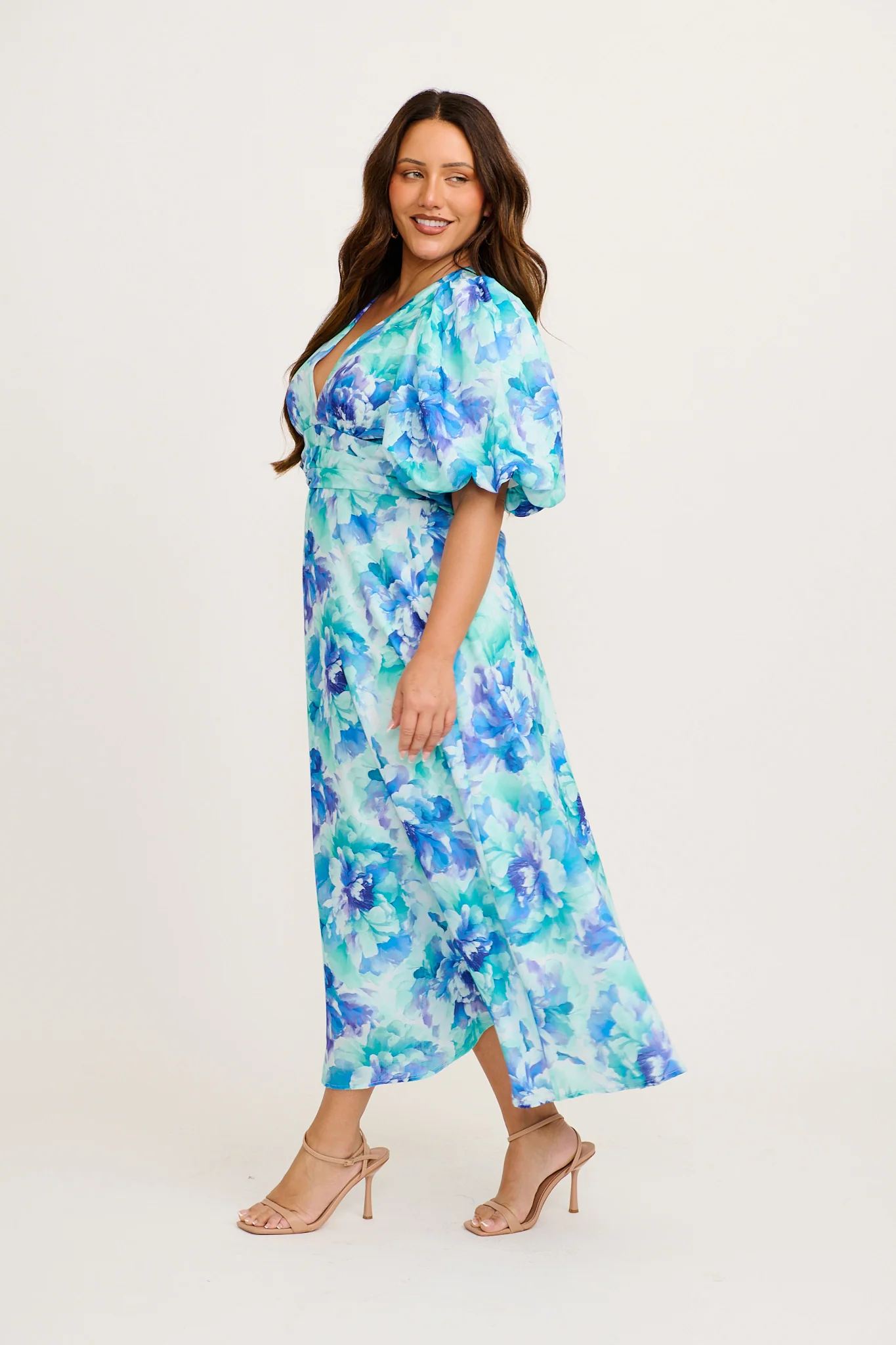 Countess Maxi Dress in Blue Floral Linen Blend - Image 3