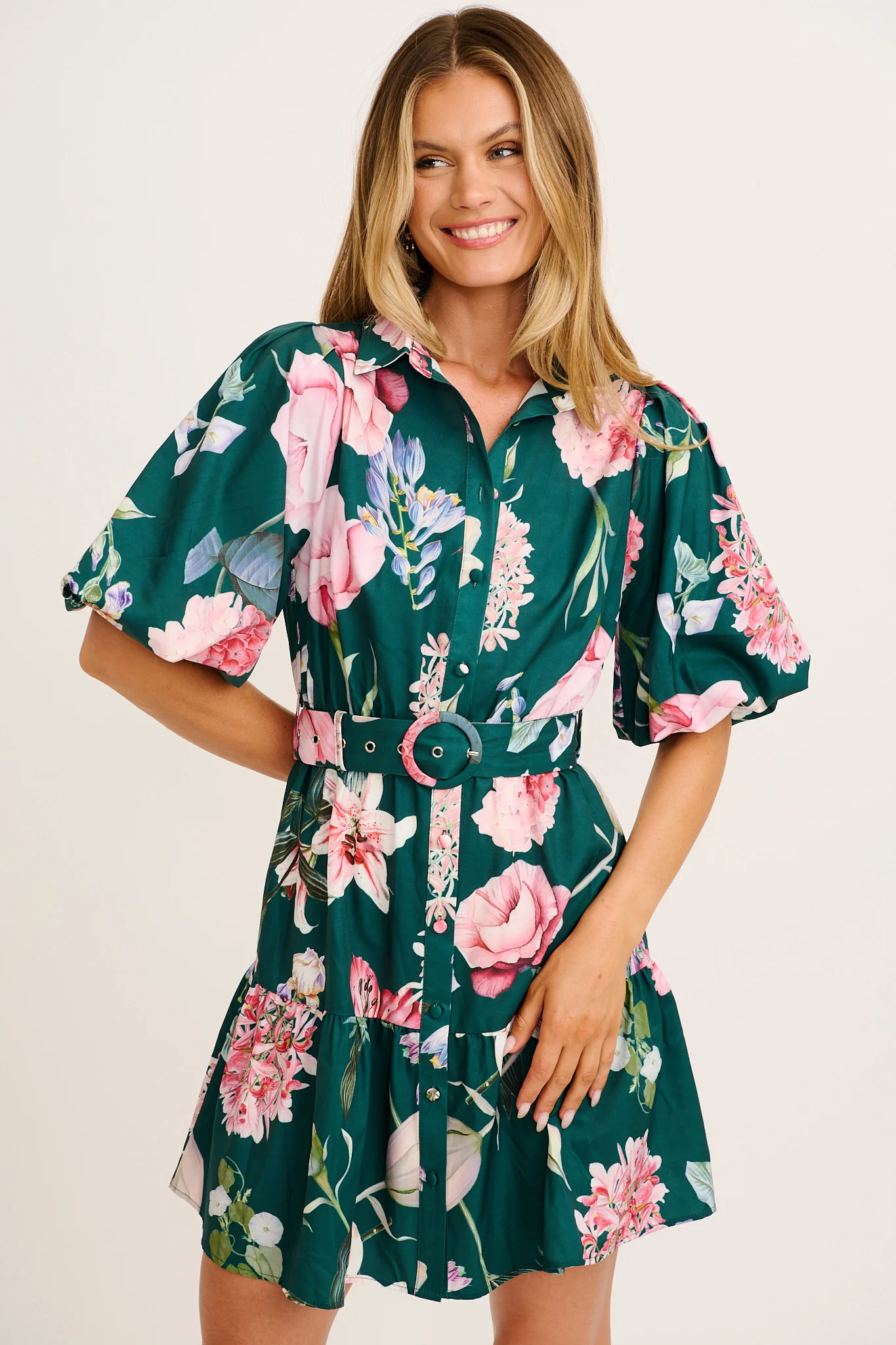 Courtney Shirt Dress in Green with Blush Floral - Image 2