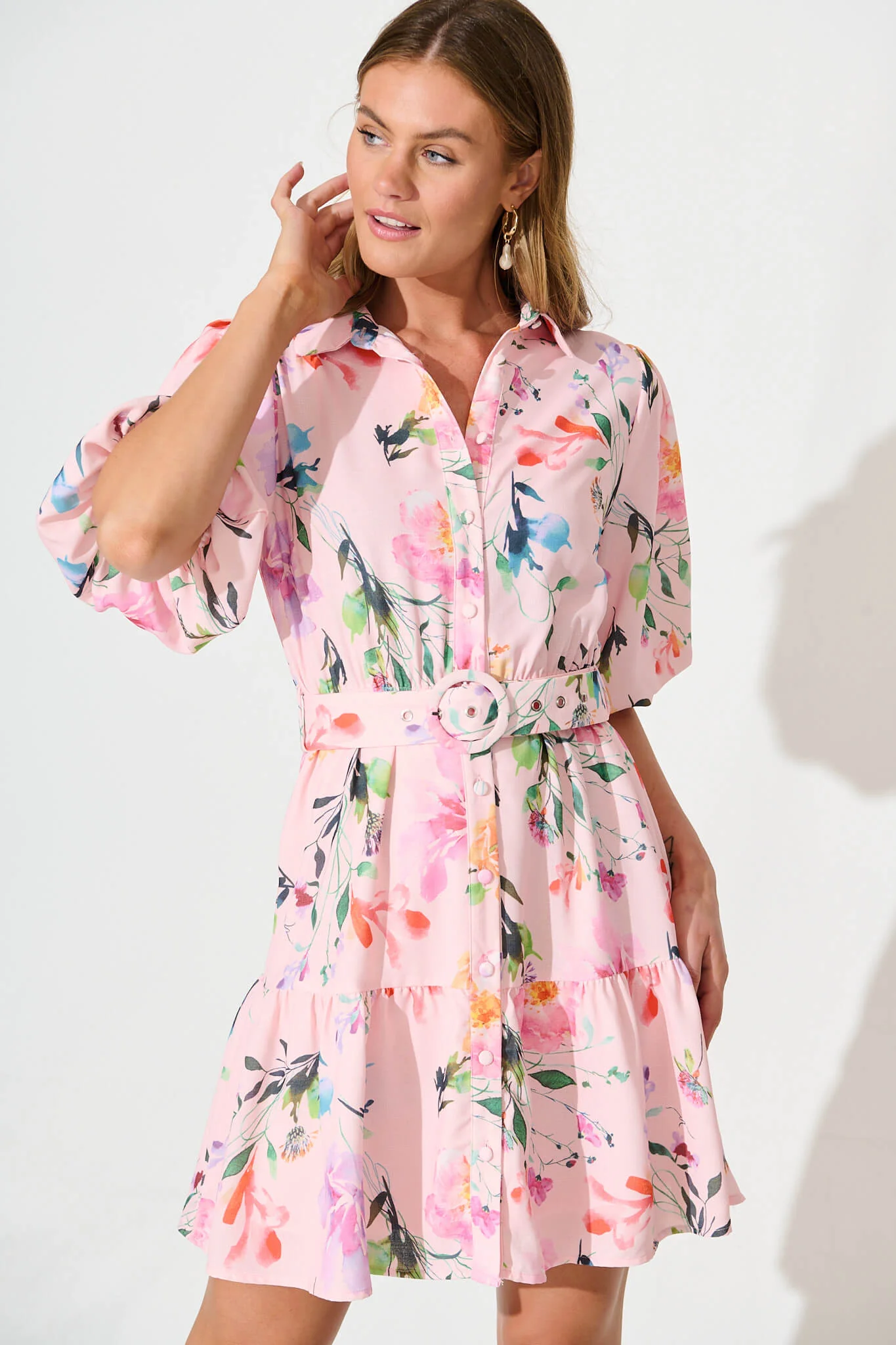 Courtney Shirt Dress In Pink with Multi Floral - Image 2
