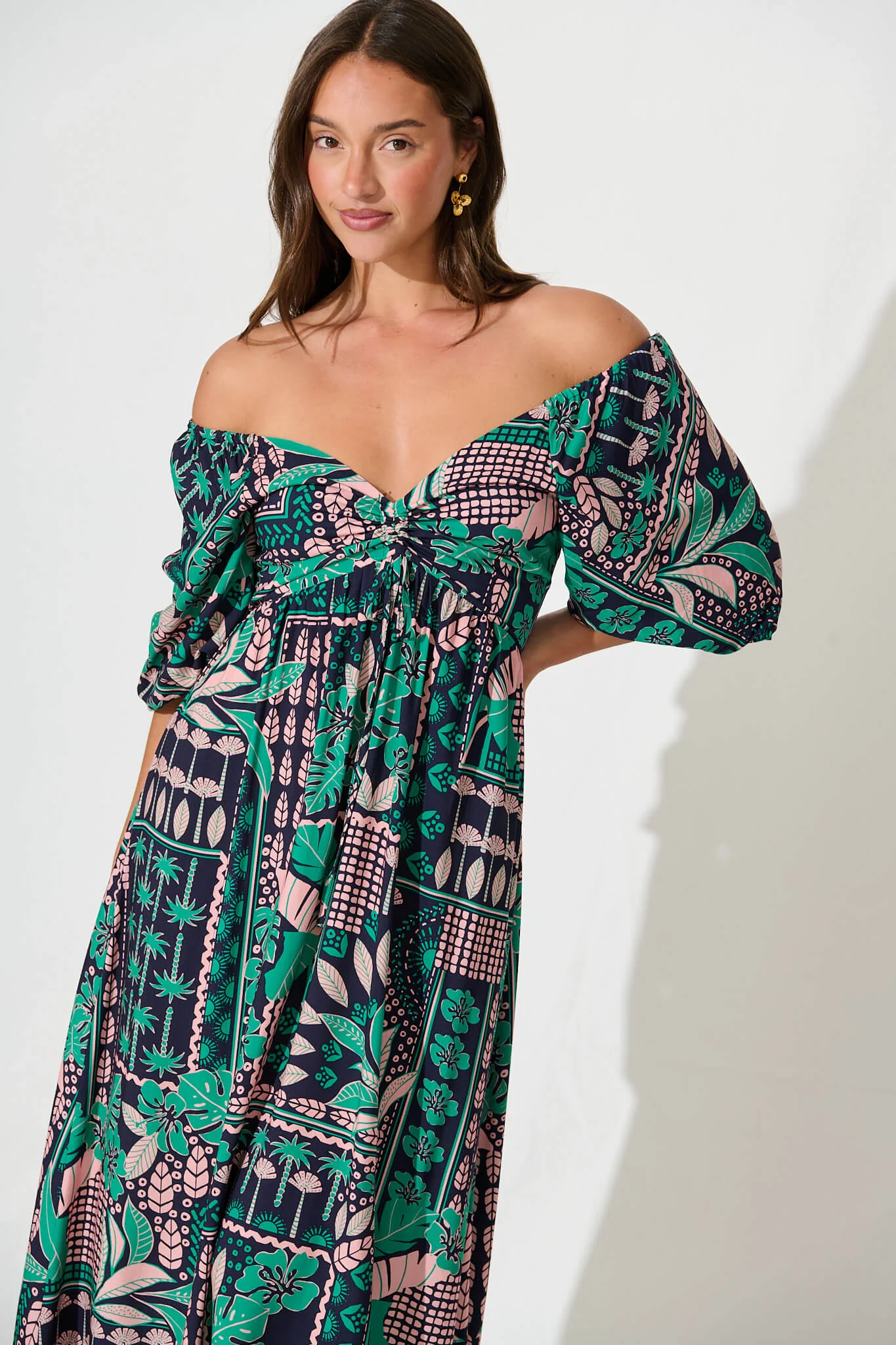 Coverdale Maxi Dress In Navy With Green And Blush Patchwork - Image 2