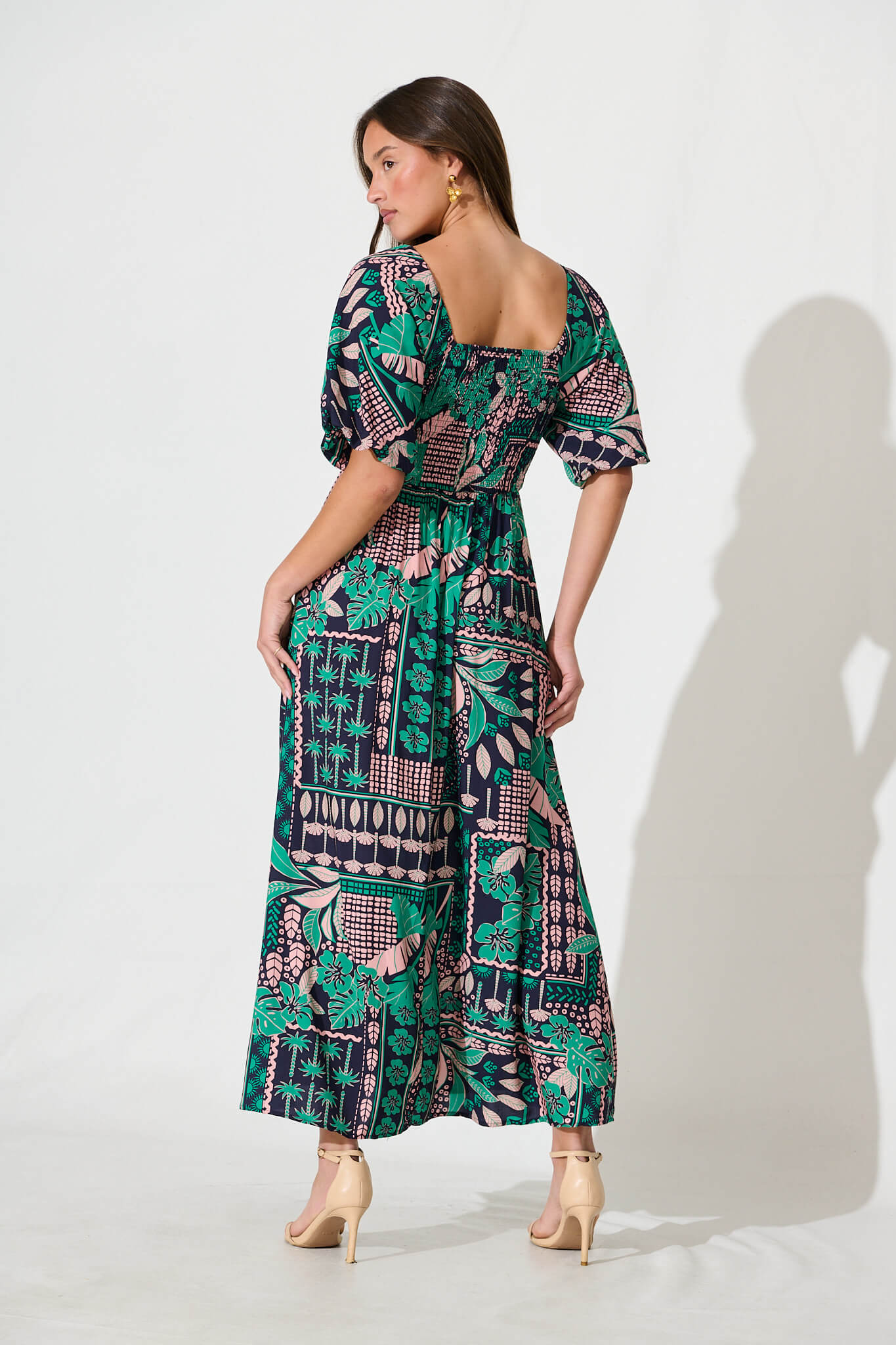 Coverdale Maxi Dress In Navy With Green And Blush Patchwork - Image 4