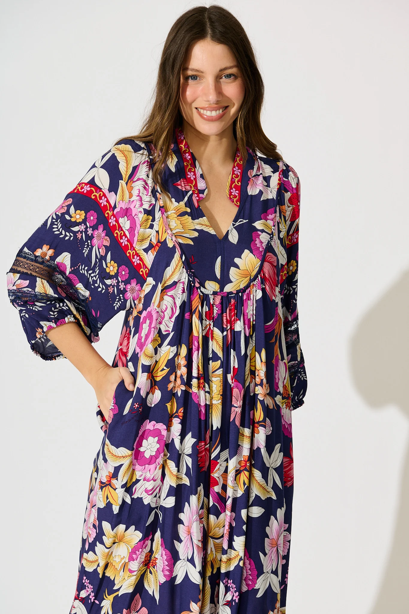 Covey Midi Dress in Navy with Multi Floral - Image 2