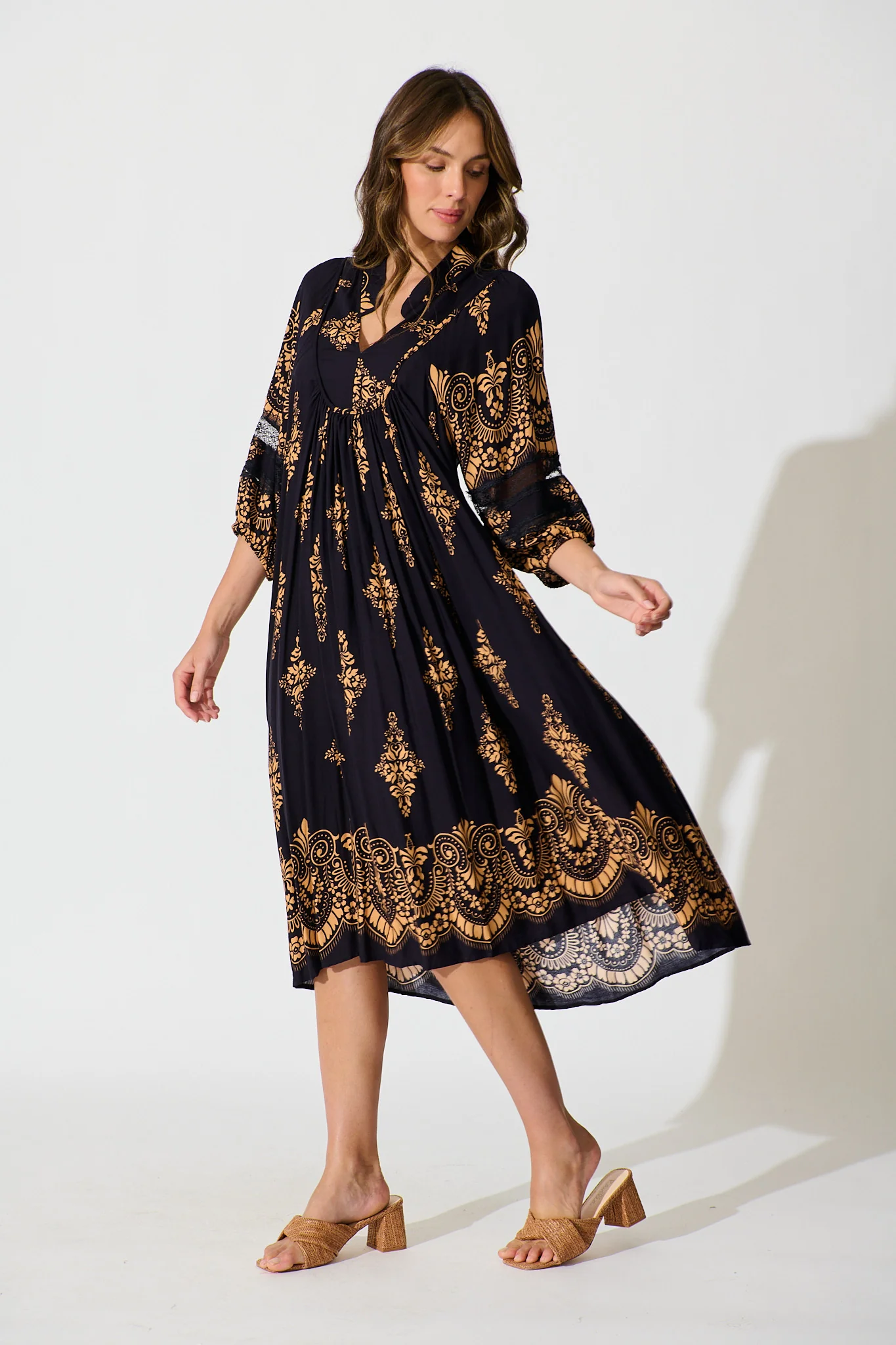 Covey Midi Dress in Navy with Tan Boho Linen Blend - Image 3