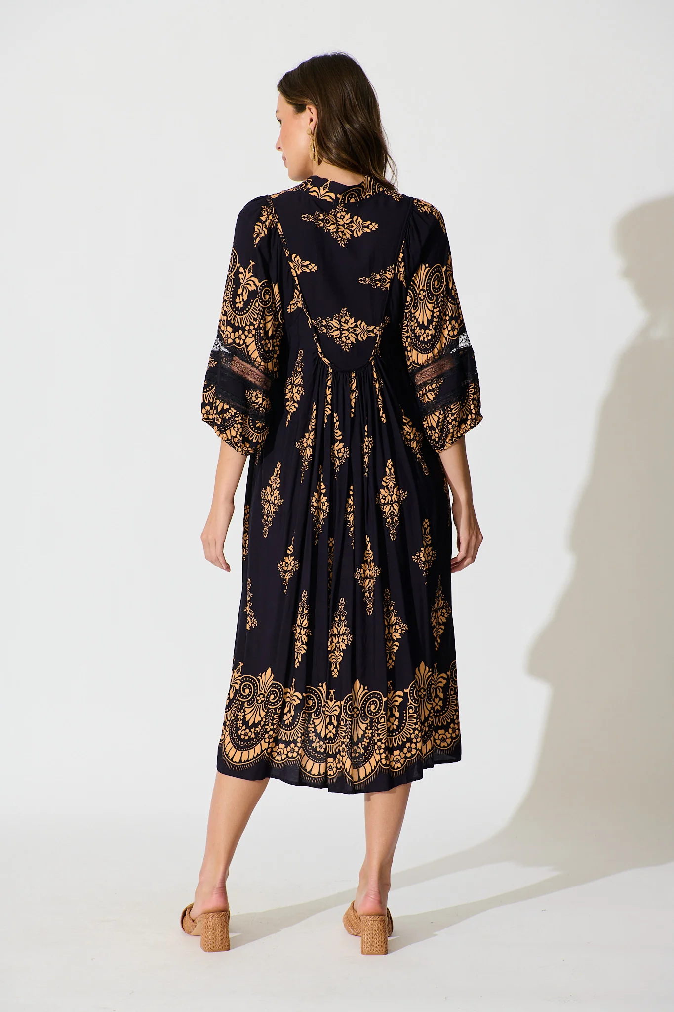 Covey Midi Dress in Navy with Tan Boho Linen Blend - Image 4