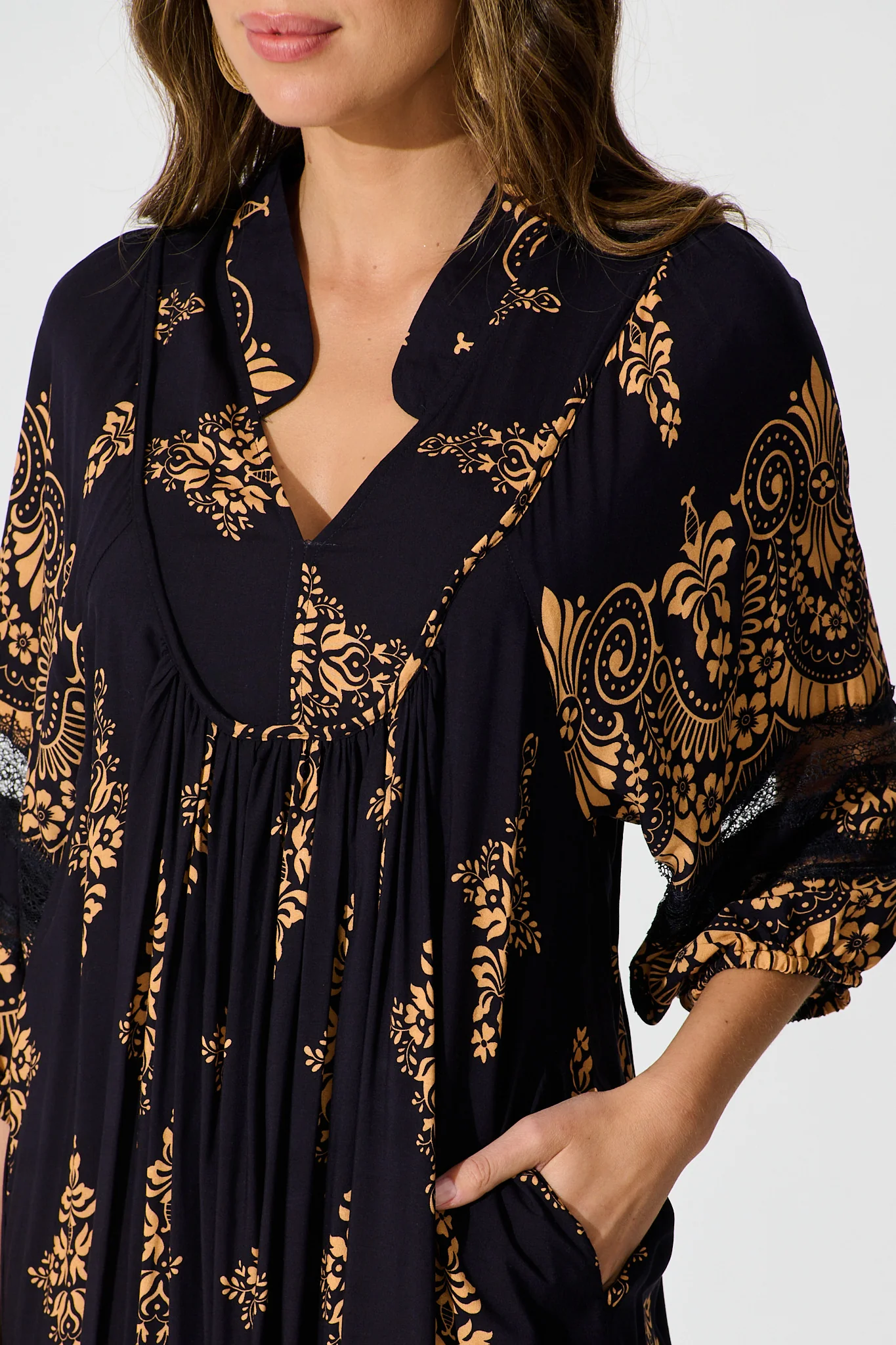 Covey Midi Dress in Navy with Tan Boho Linen Blend - Image 5