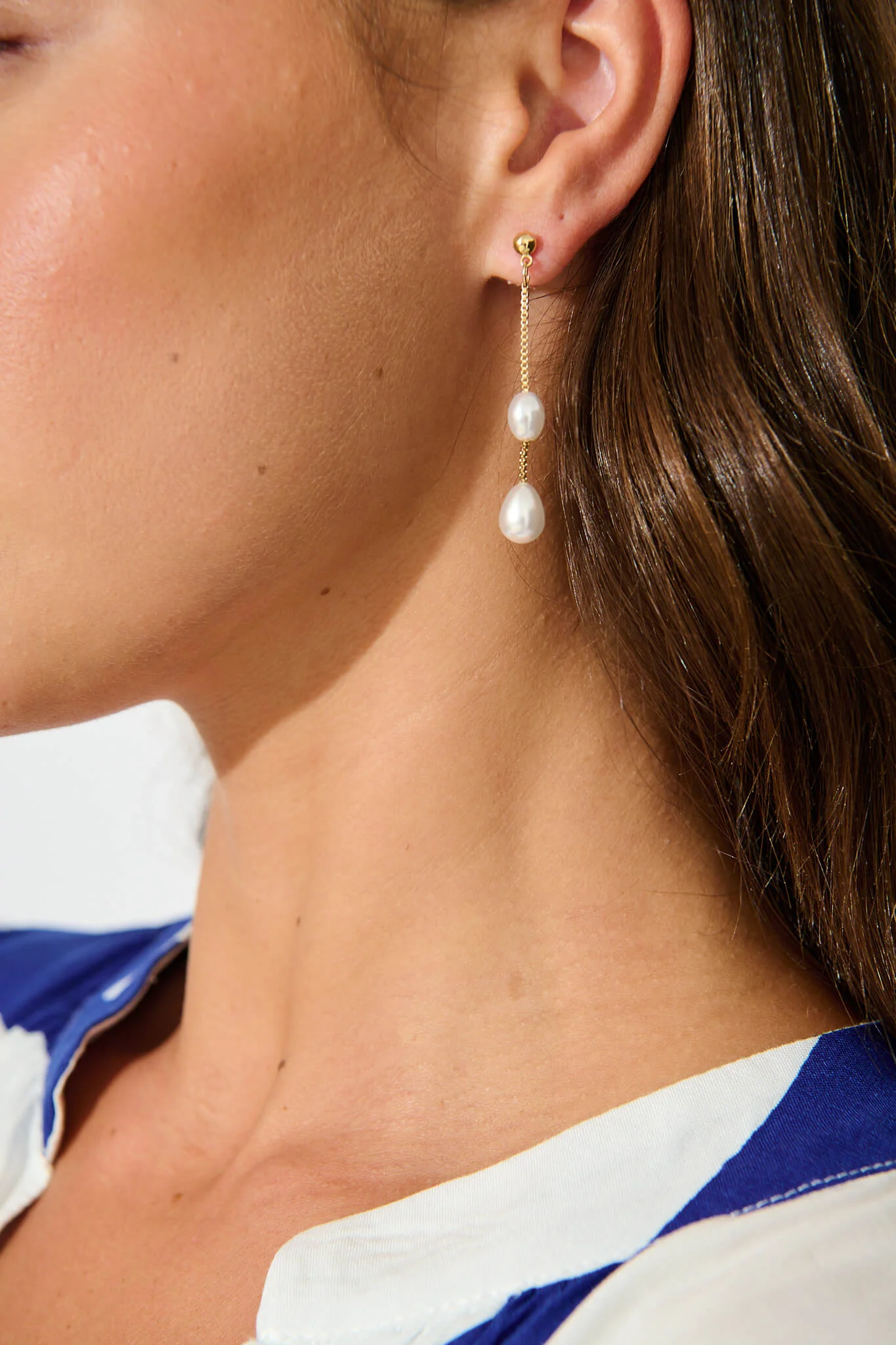 Dainty Drop Pearl Earrings in Gold - Image 3
