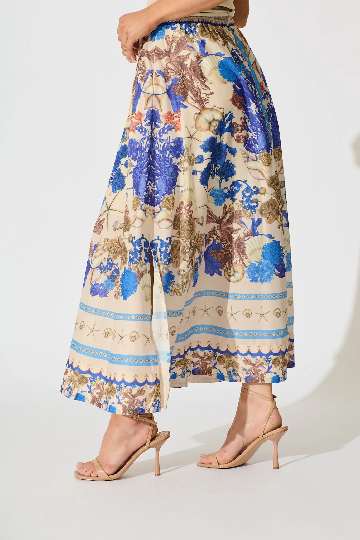 Dalton Maxi Skirt in Blue with Multi Floral Placement Cotton Blend - Image 2