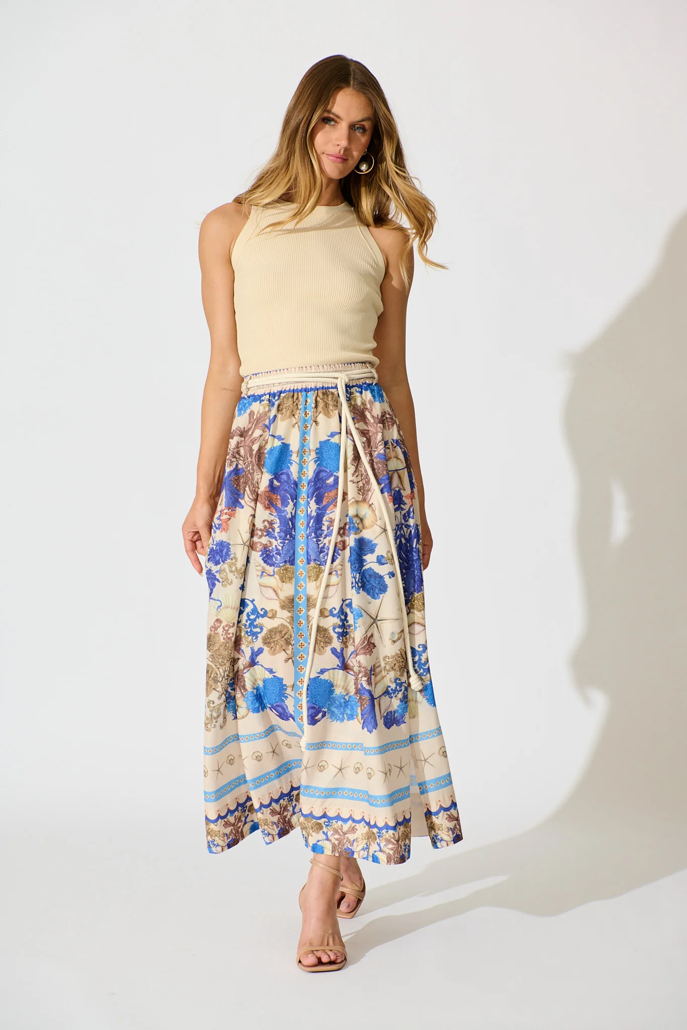 Dalton Maxi Skirt in Blue with Multi Floral Placement Cotton Blend - Image 4