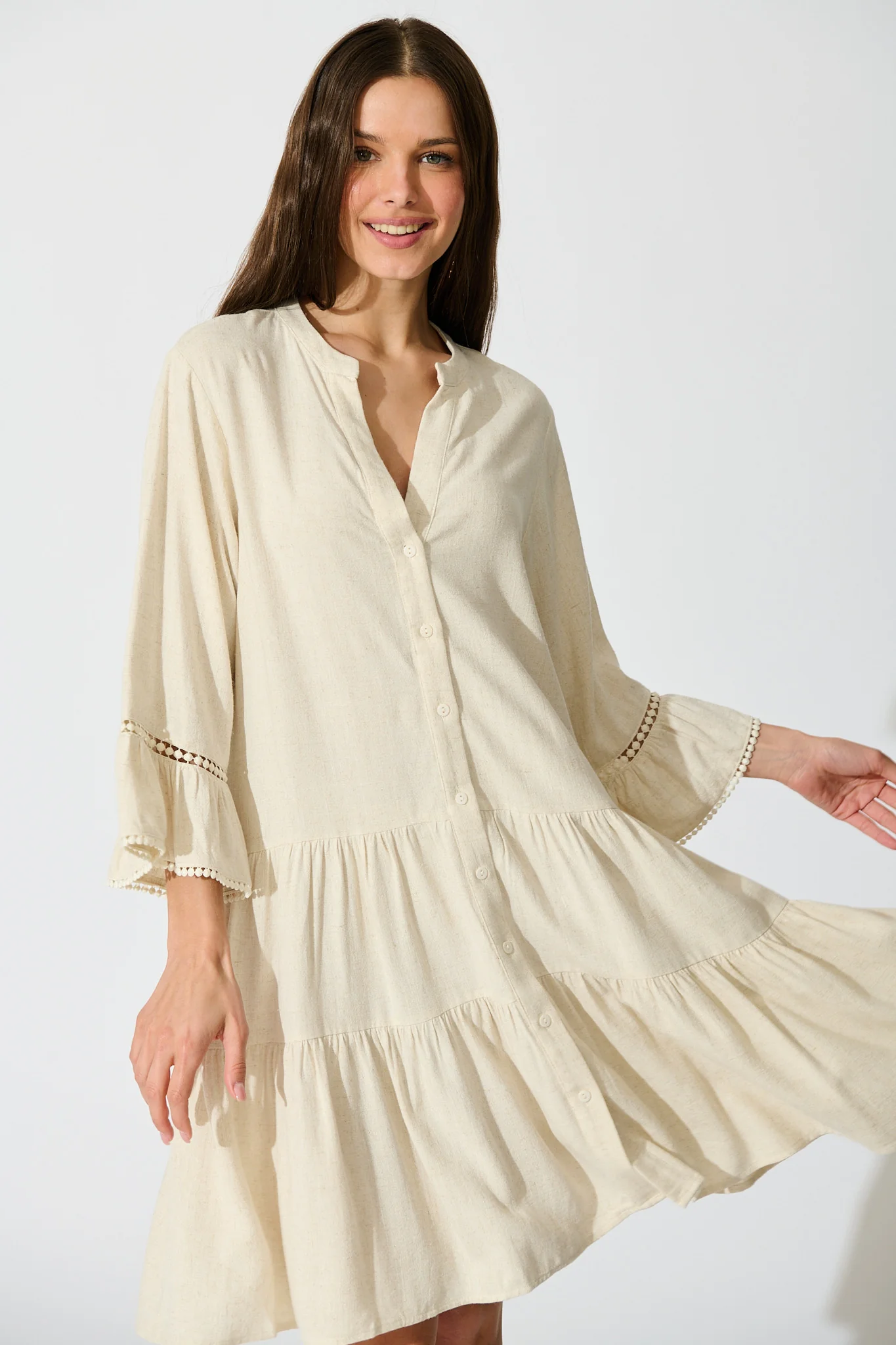 Damela Smock Dress in Oatmeal Linen - Image 2
