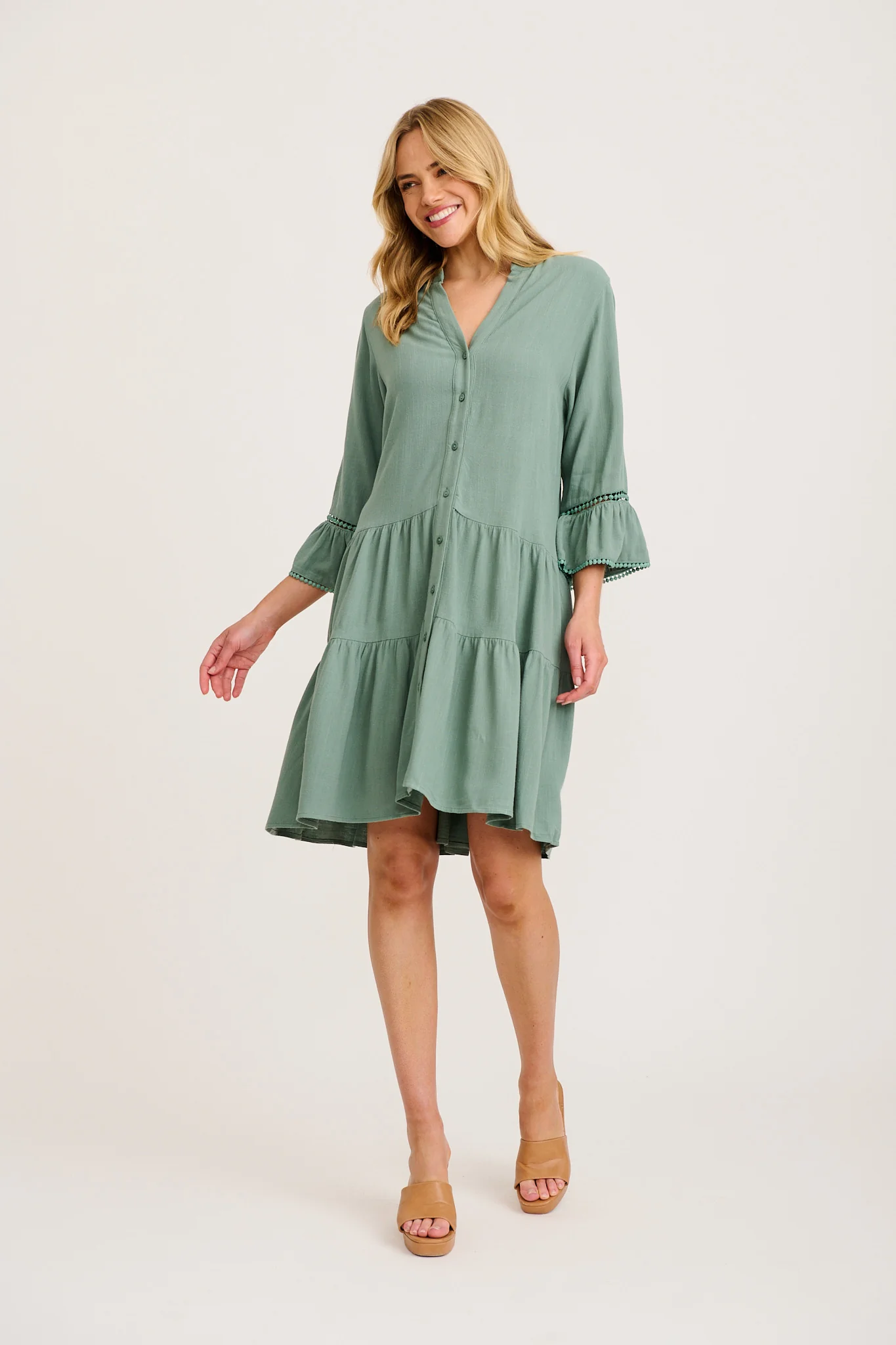 Damela Smock Dress in Sage Linen