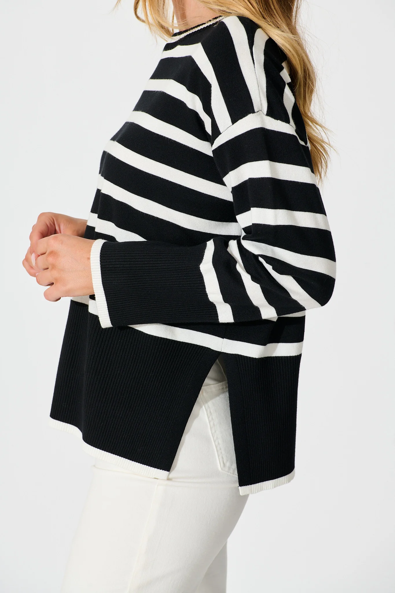 Dania Knit in Black with White Stripe Cotton Blend - Image 5