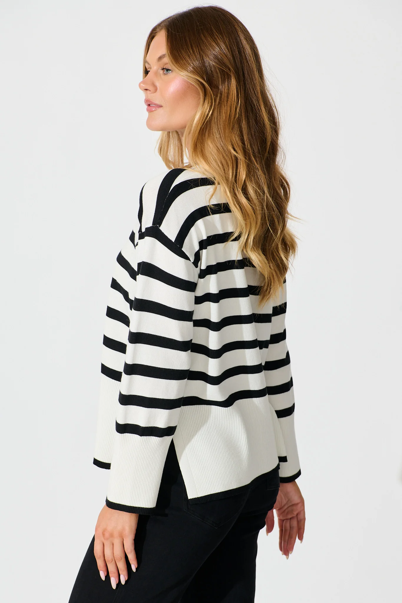 Dania Knit in White with Black Stripe Cotton Blend - Image 2