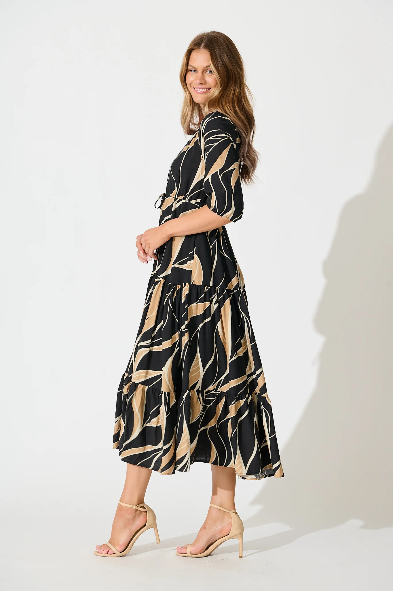 Danielle Midi Dress in Black with Neutral Print - Image 3