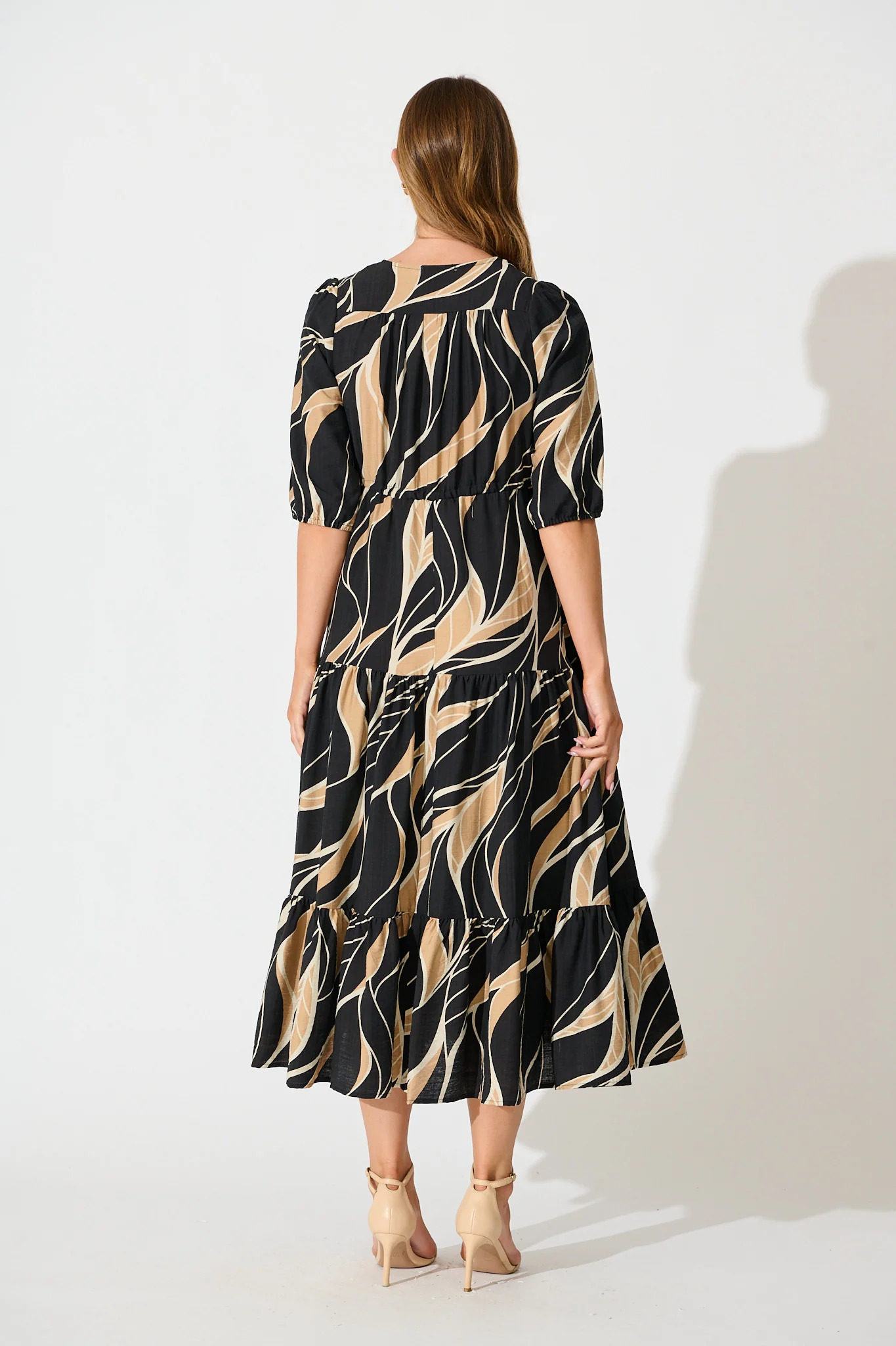 Danielle Midi Dress in Black with Neutral Print - Image 4