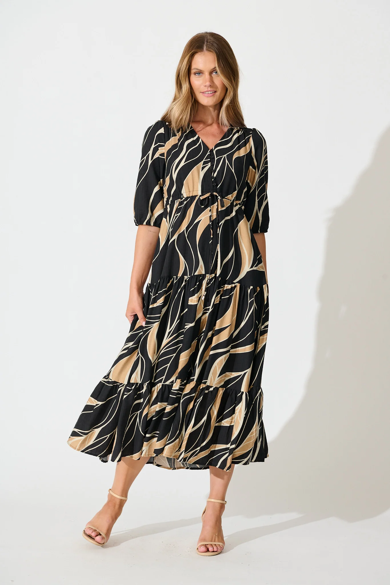 Danielle Midi Dress in Black with Neutral Print - Image 5