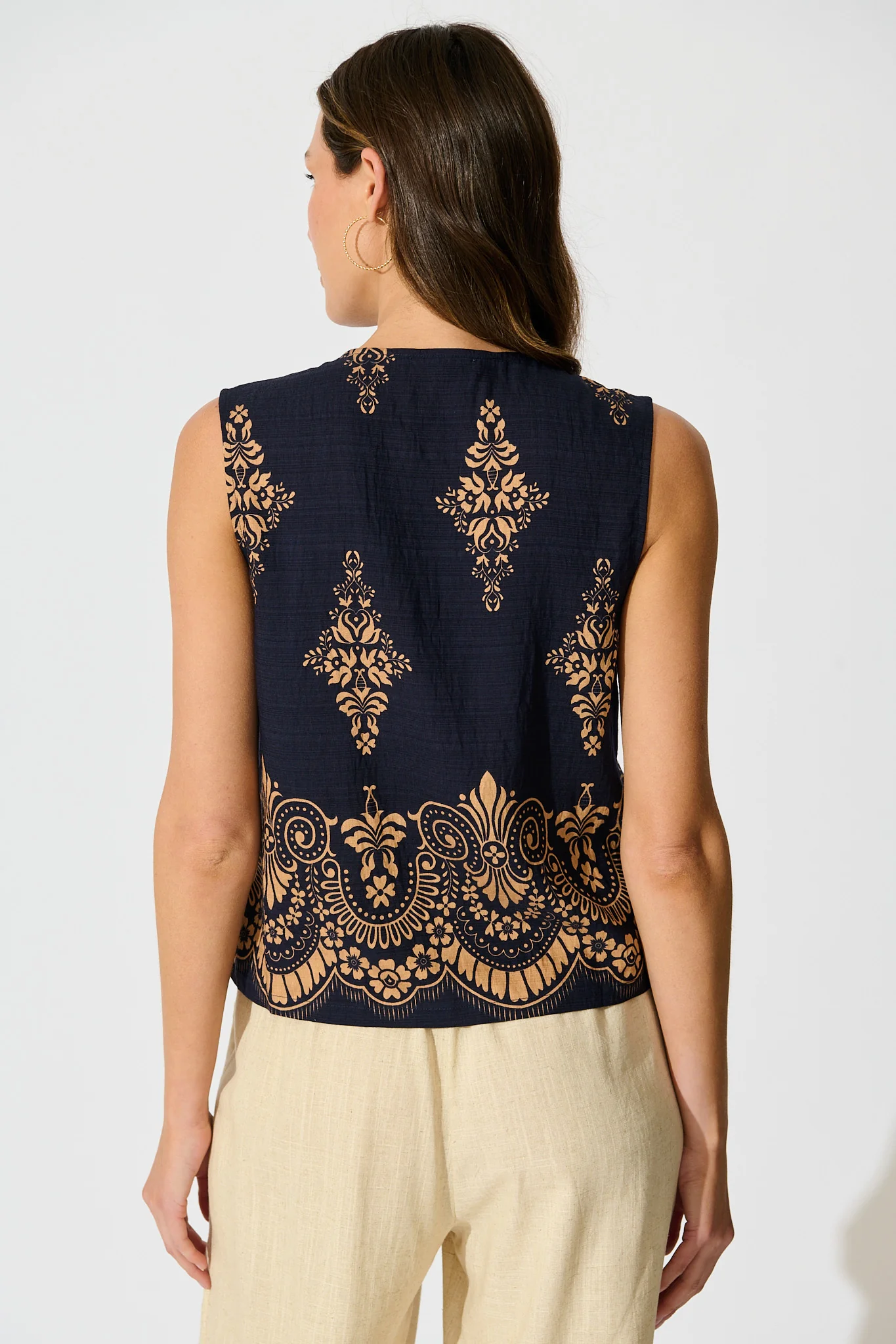 Dannica Tie Front Top in Navy with Tan Boho Linen Blend - Image 3