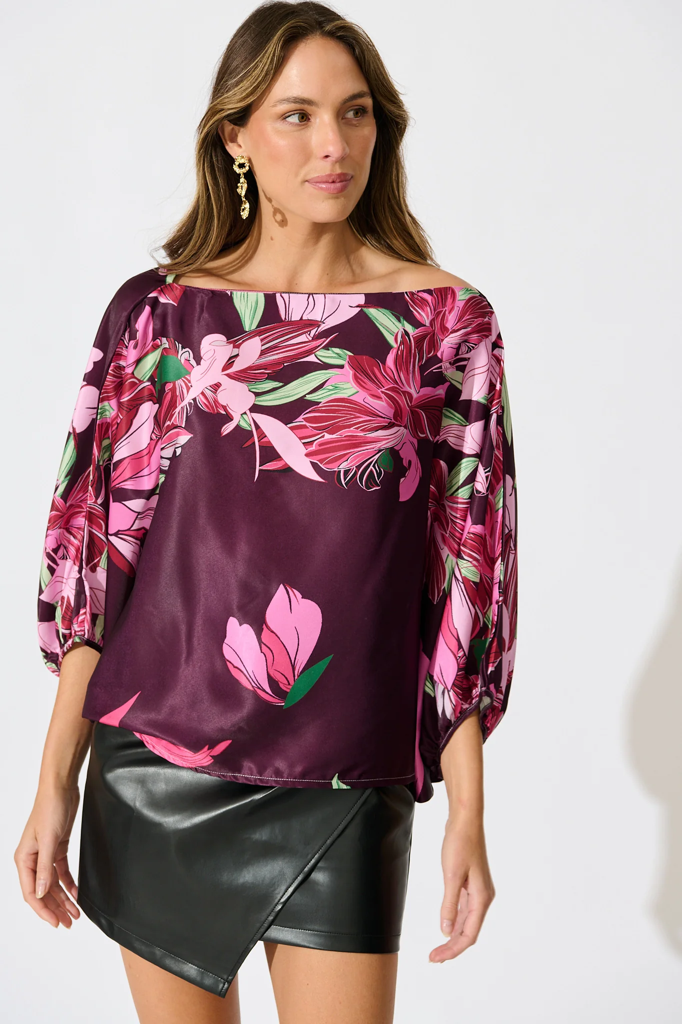Darcy Off shoulder Top in Plum with Pink Floral Print - Image 3