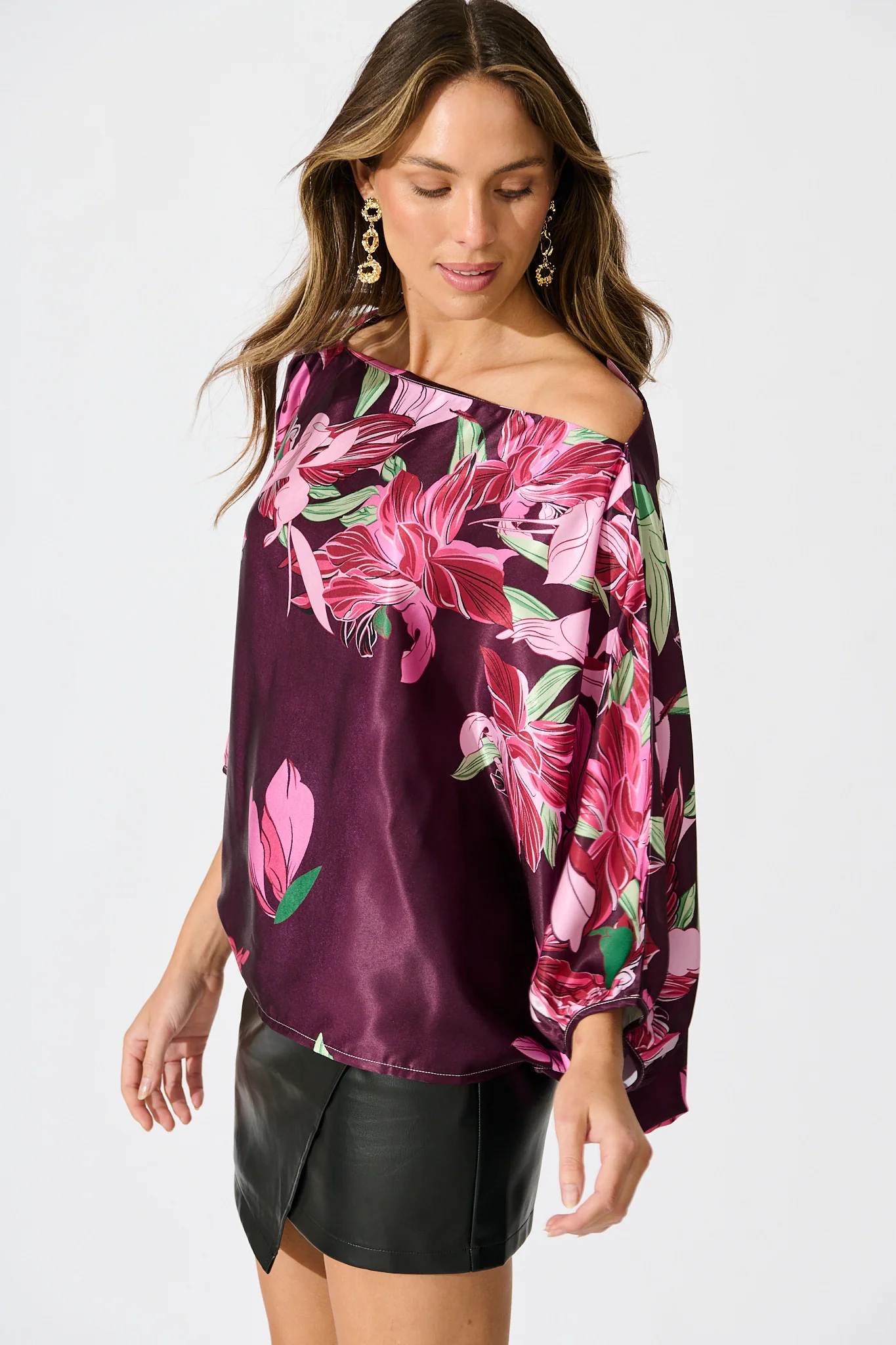 Darcy Off shoulder Top in Plum with Pink Floral Print - Image 4