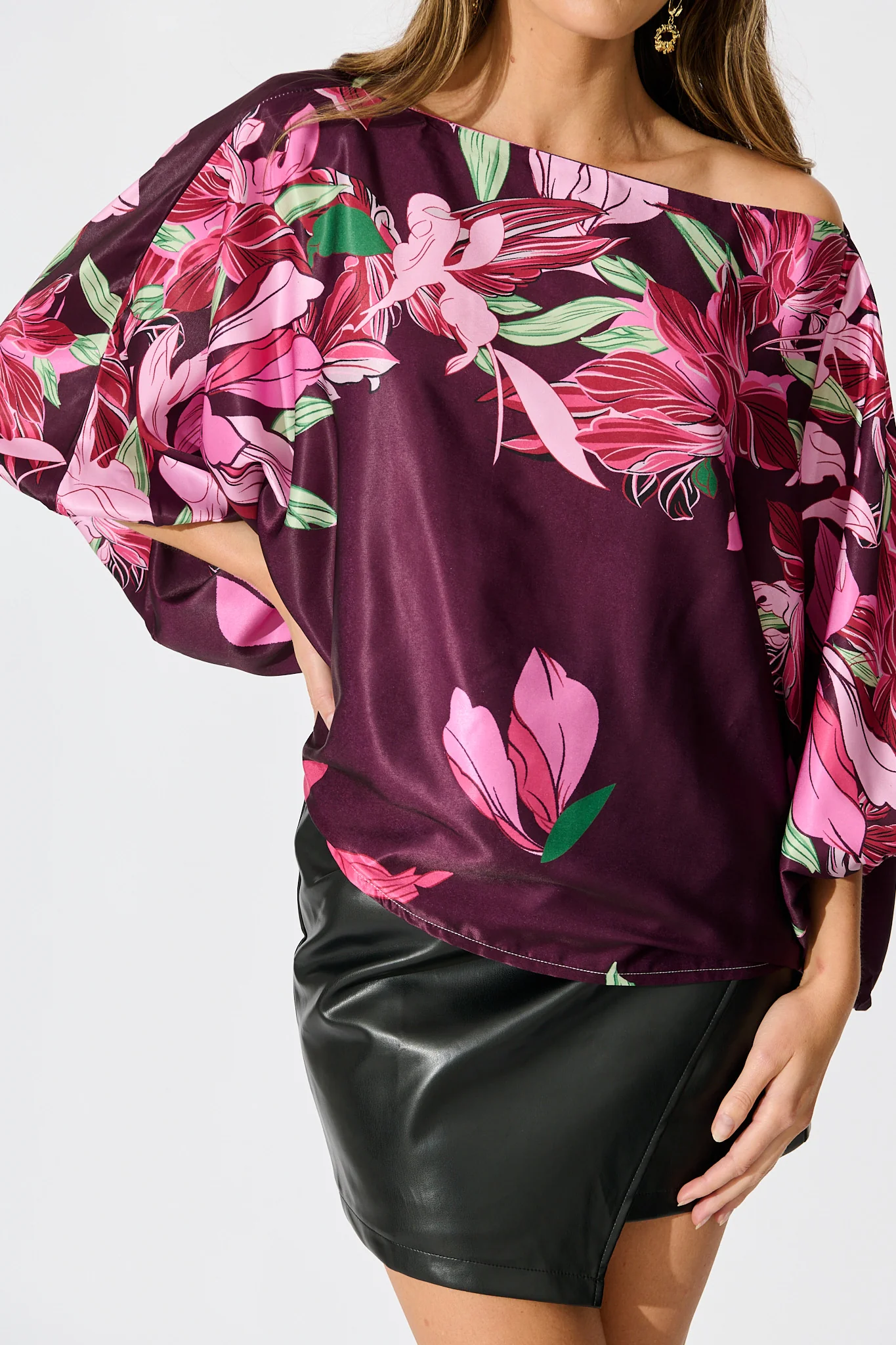 Darcy Off shoulder Top in Plum with Pink Floral Print - Image 6