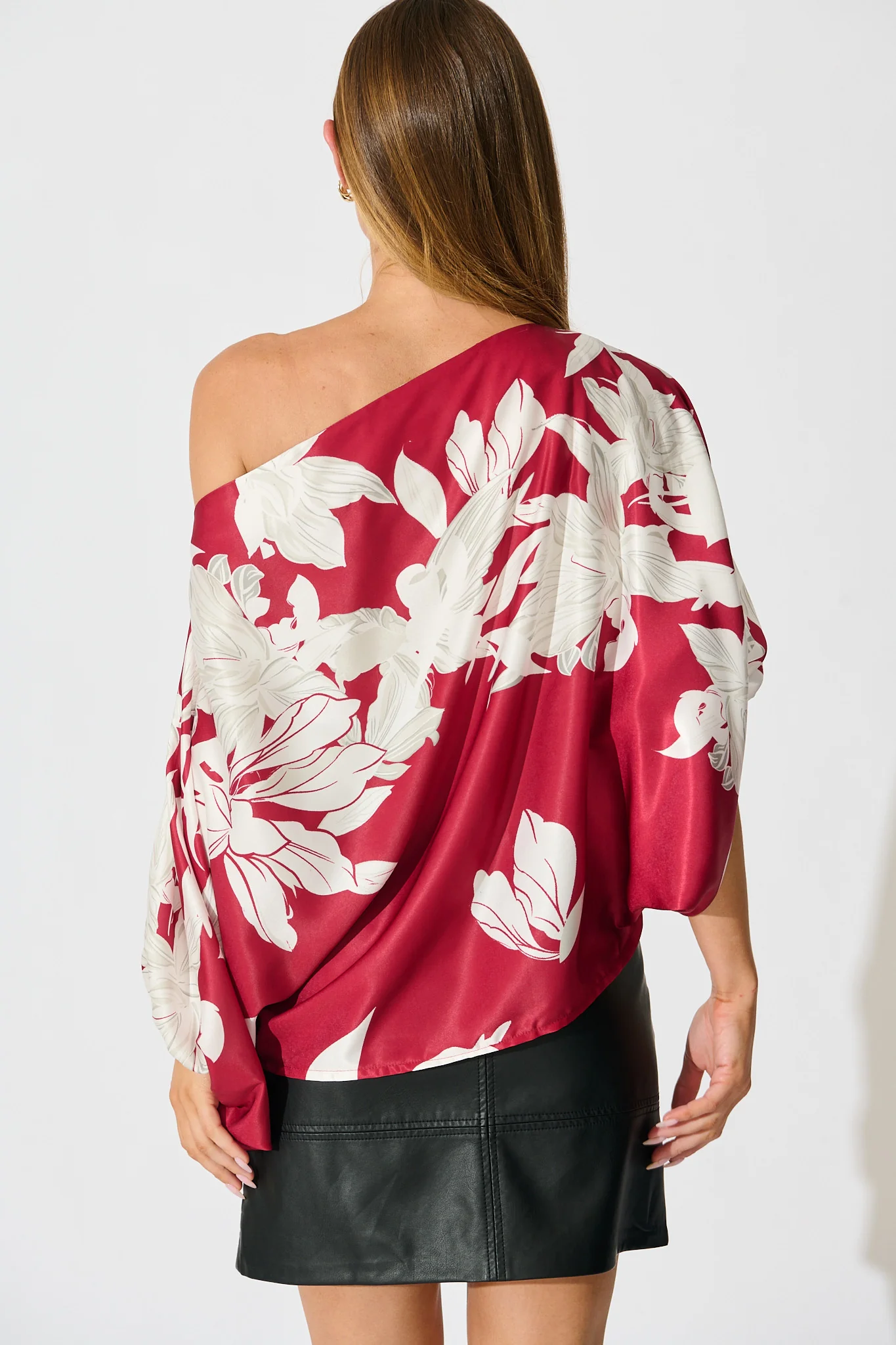Darcy Off Shoulder Top in Red with White Floral Print Satin - Image 3