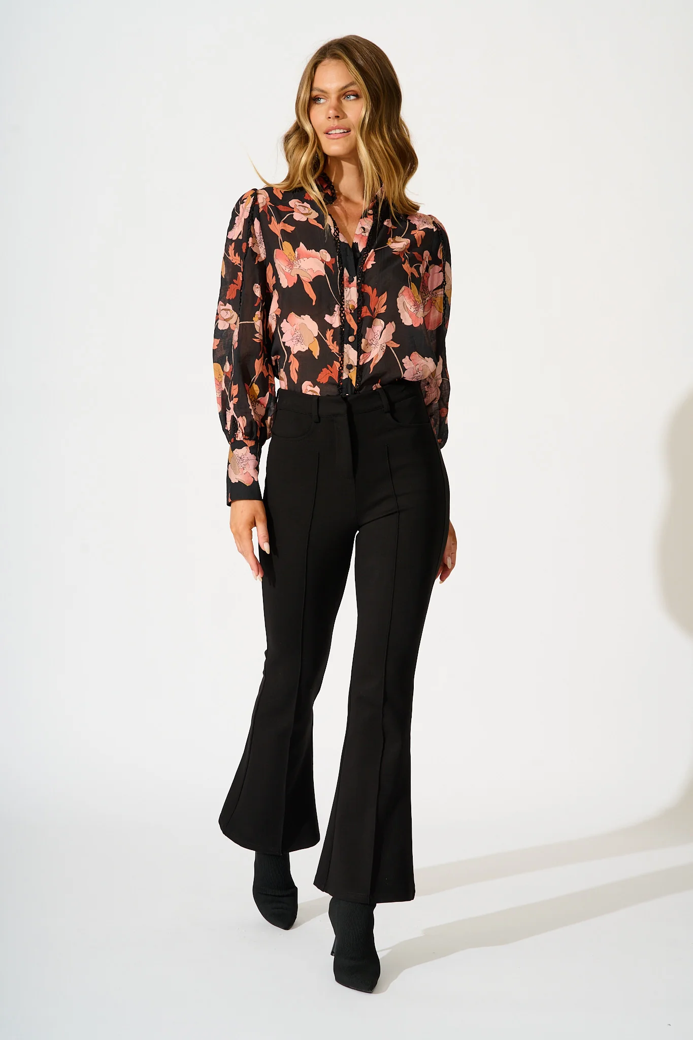 Davies Shirt in Black Floral with Black Lace Trim - Image 4