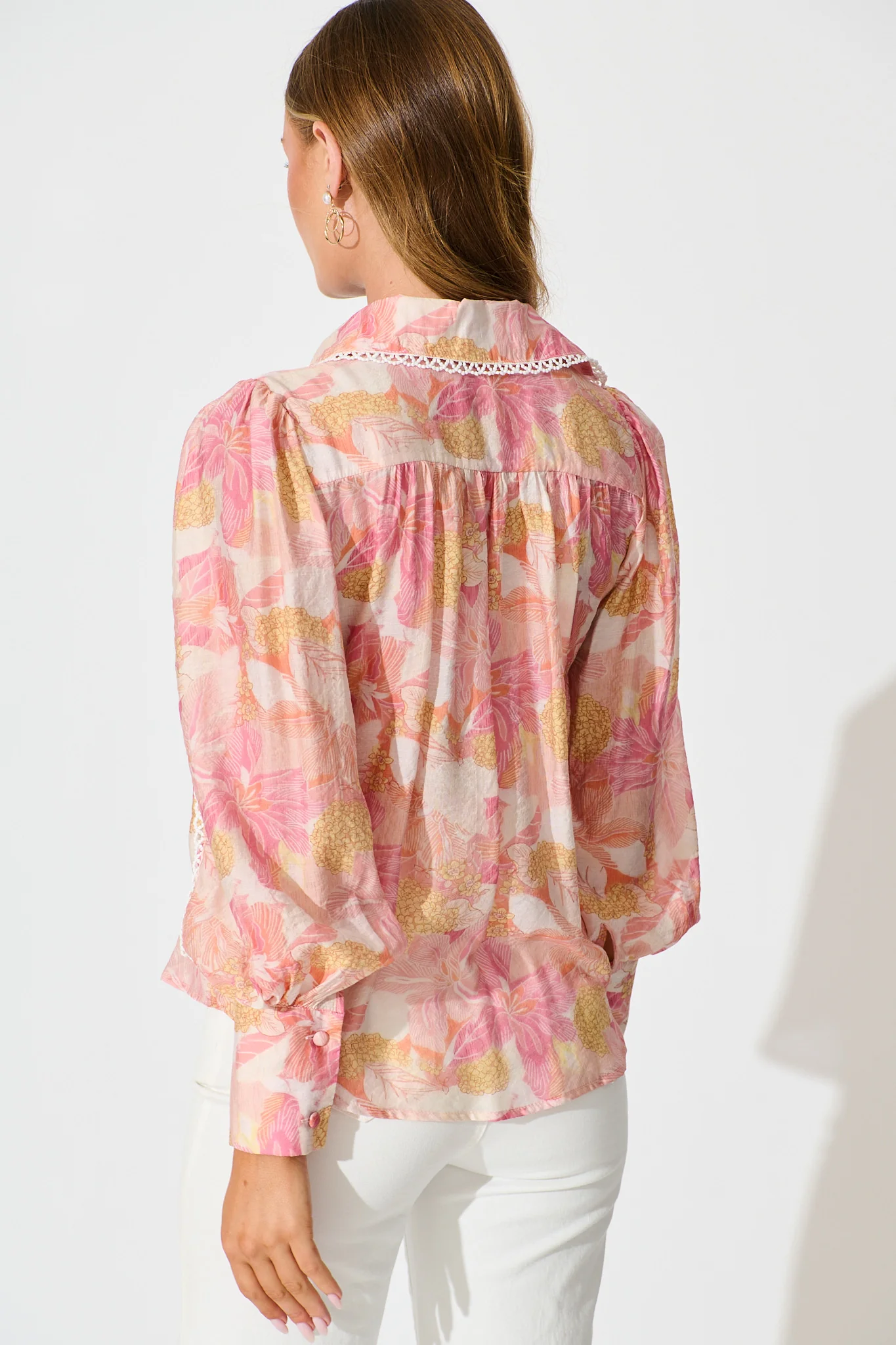 Davies Shirt in Pink Floral With White Lace Trim - Image 6