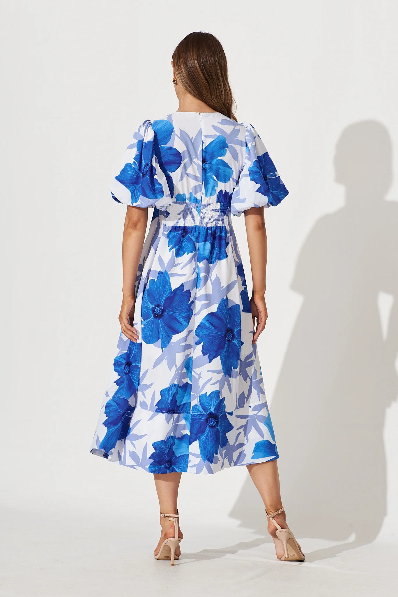 Daydreamer Midi Dress In White With Blue Flower Print - Image 4
