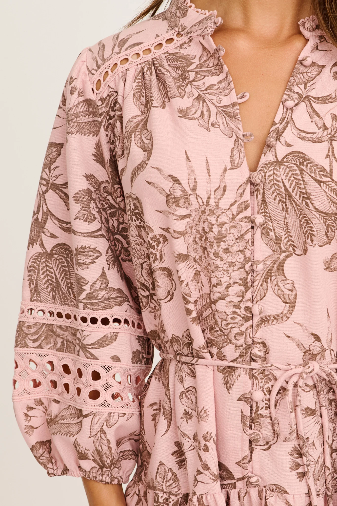 Daze Dress in Pink with Brown Leaf Cotton Linen - Image 10