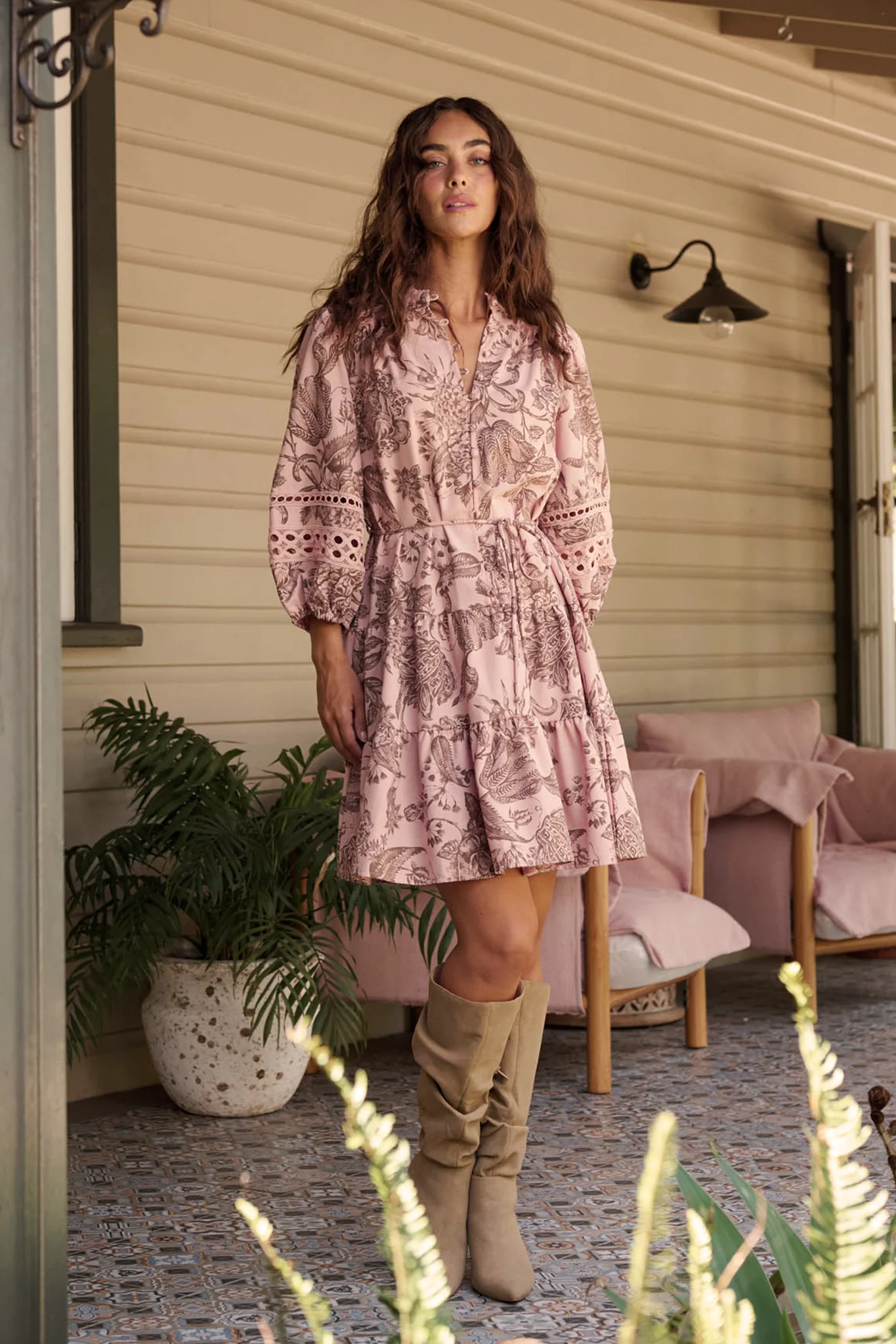 Daze Dress in Pink with Brown Leaf Cotton Linen - Image 4