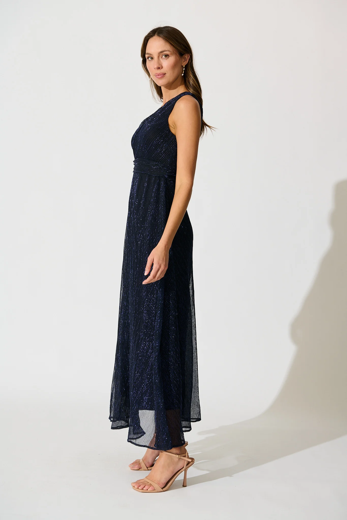 Dazzling One Shoulder Maxi Dress in Navy Lurex - Image 3
