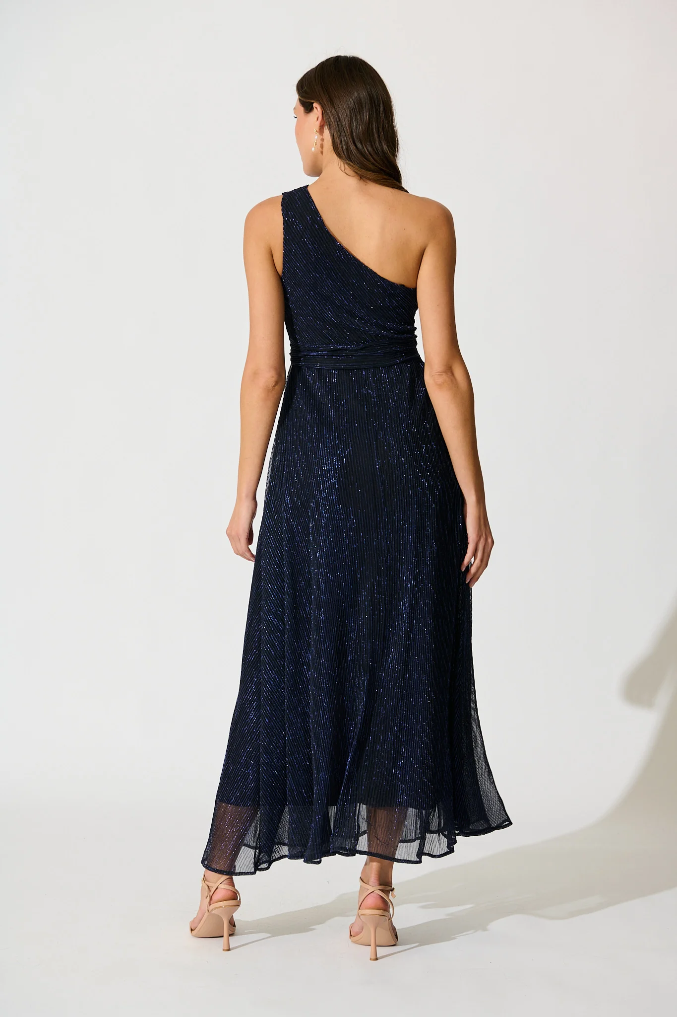 Dazzling One Shoulder Maxi Dress in Navy Lurex - Image 4