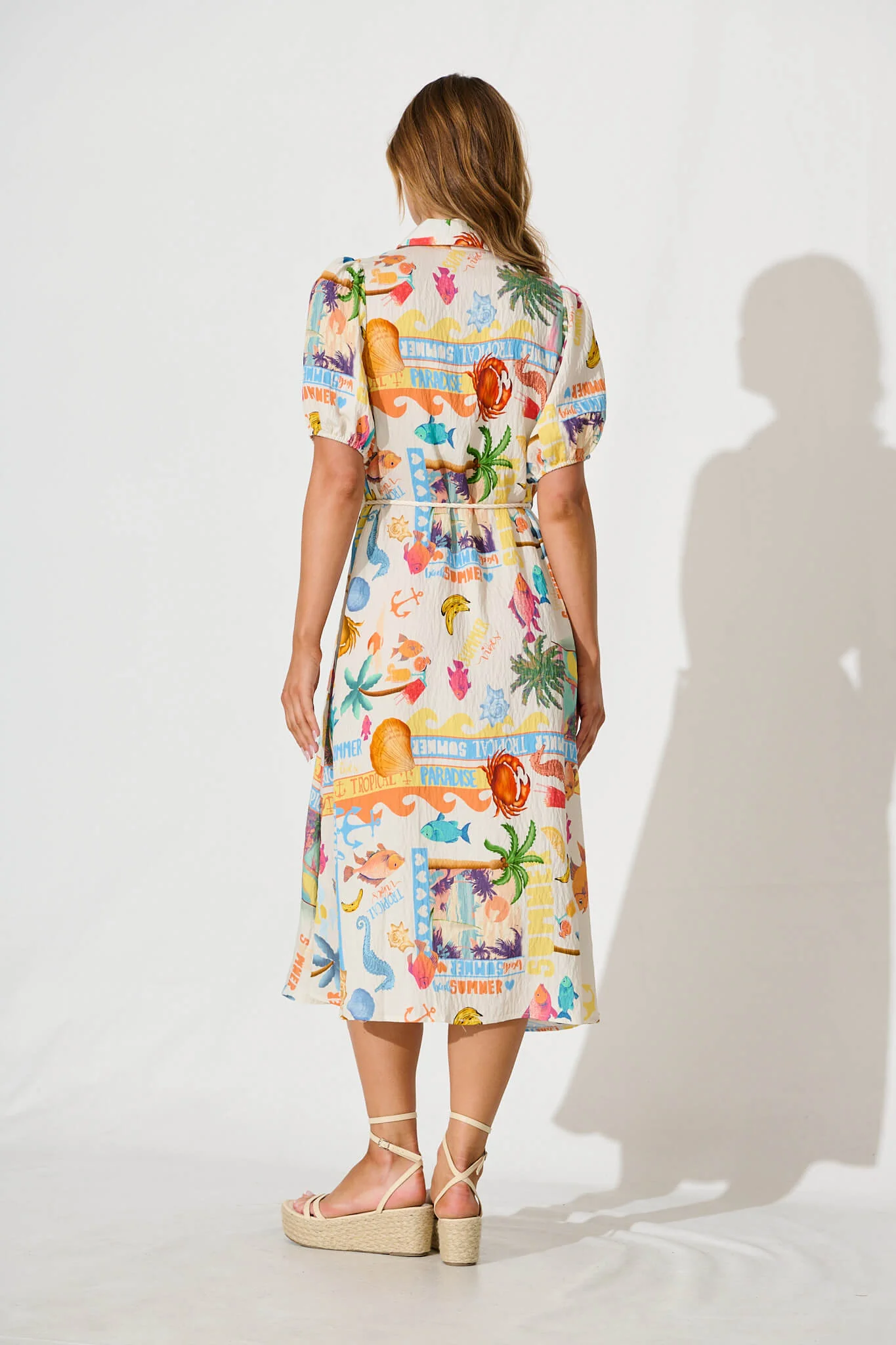 Dearest Midi Shirt Dress In Cream With Multi Summer Print - Image 4