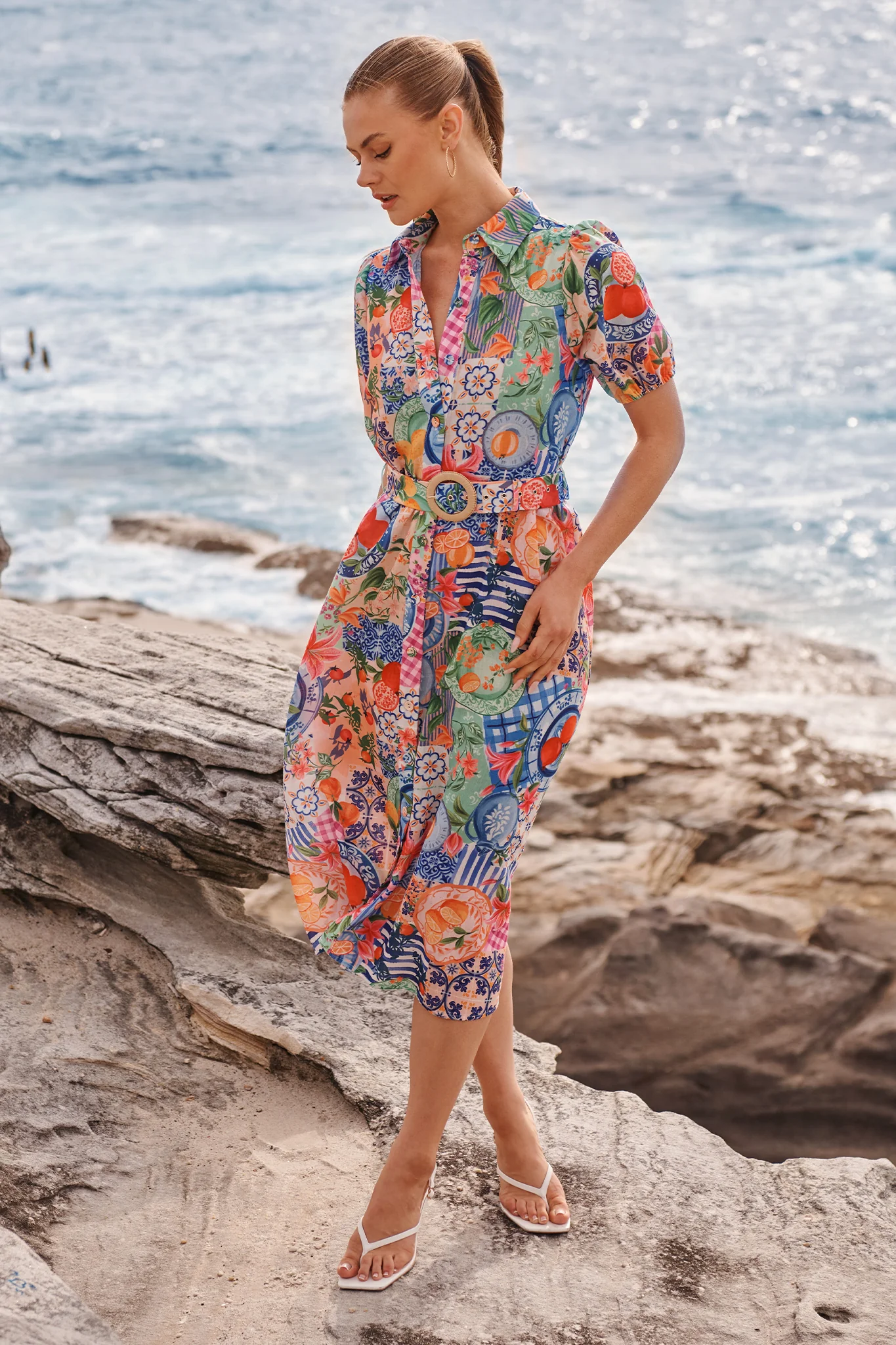 Dearest Midi Shirt Dress in Multi Fruit Patchwork Linen Blend - Image 4