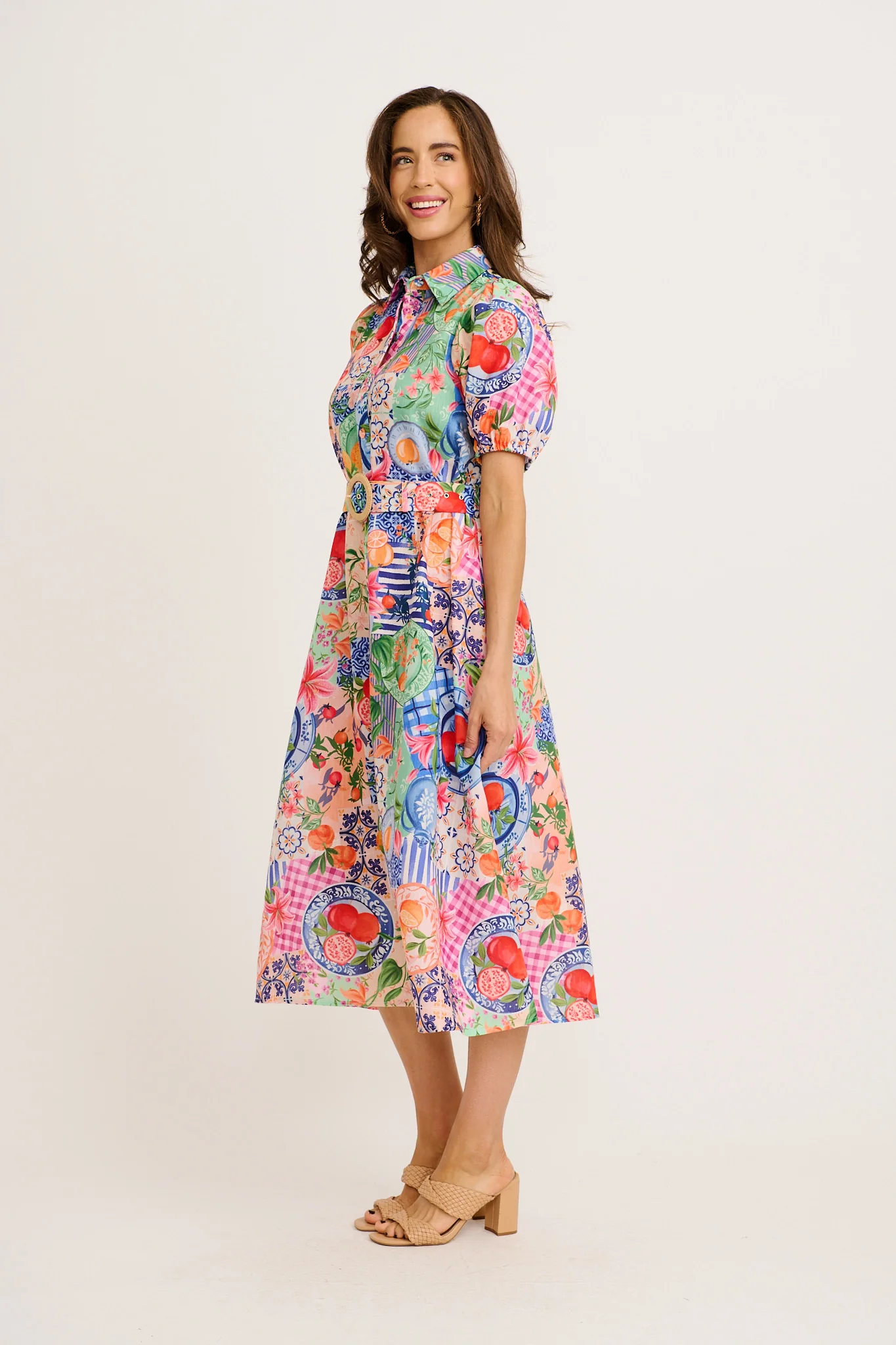Dearest Midi Shirt Dress in Multi Fruit Patchwork Linen Blend - Image 8