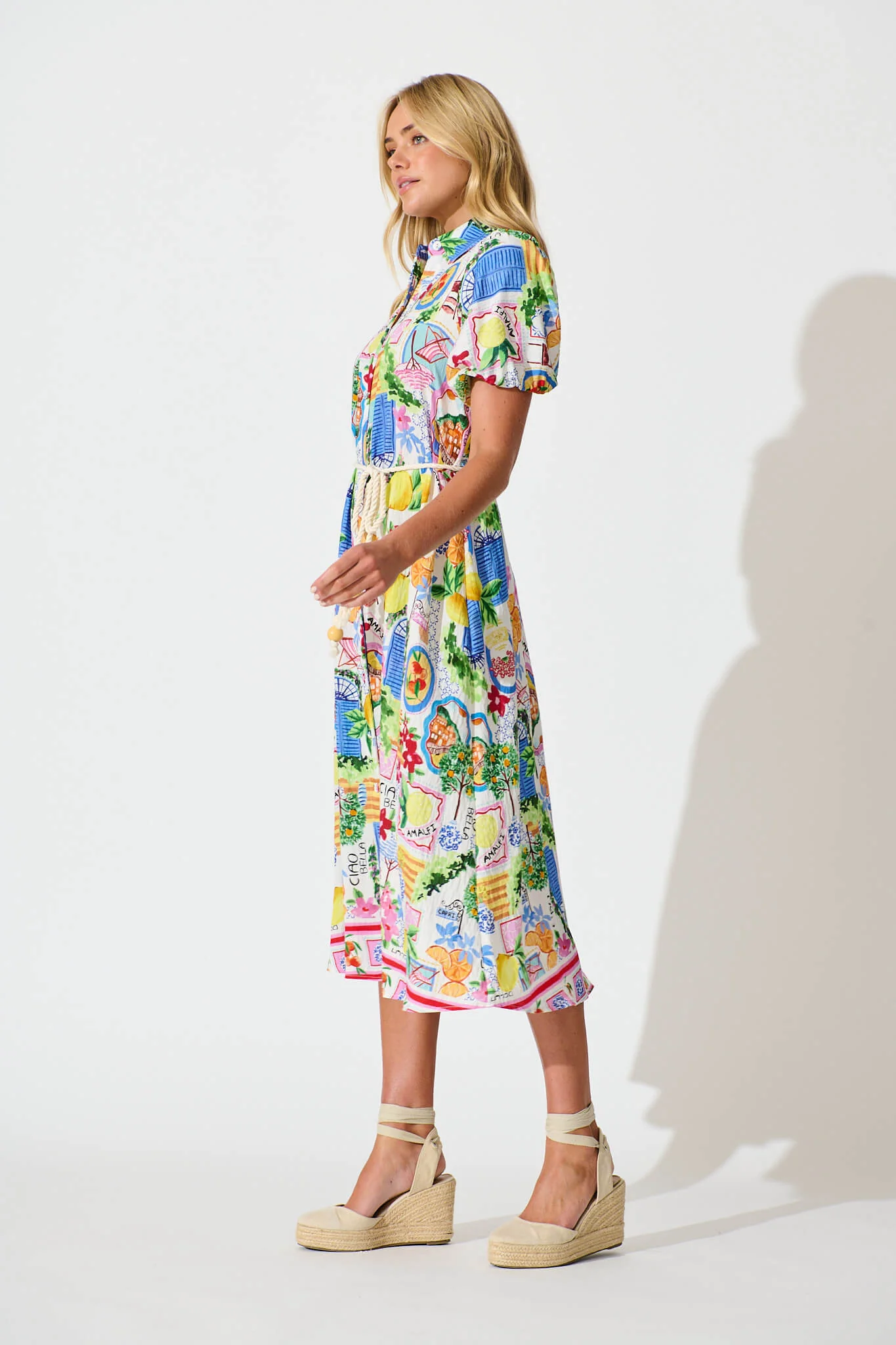 Dearest Midi Shirt Dress In White With Multi Print - Image 5