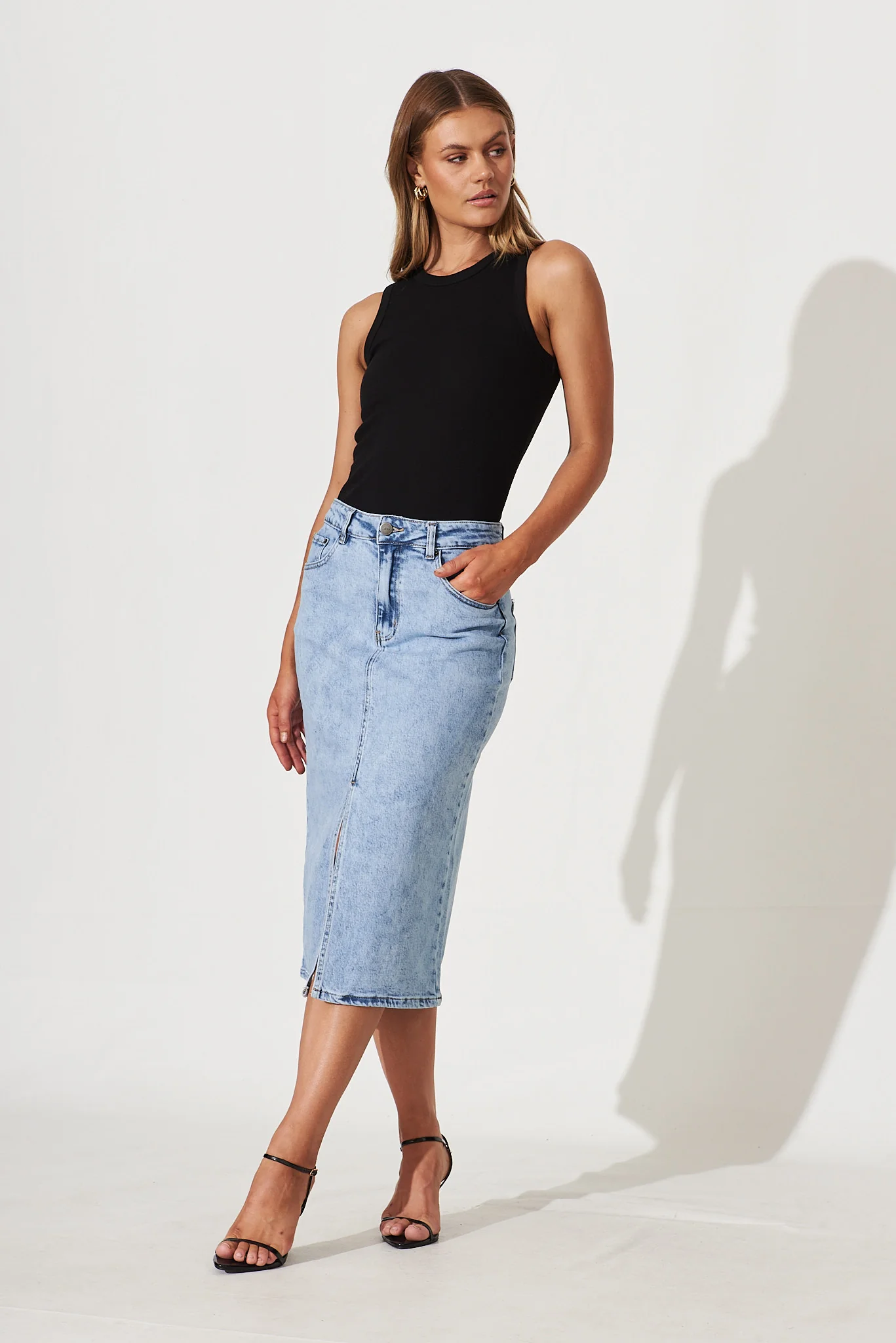 Deja Vu Midi Stretch Denim Skirt In Light Blue Wash - Image 2