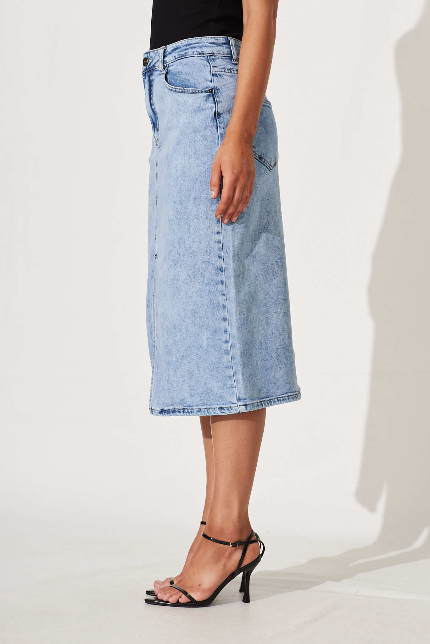 Deja Vu Midi Stretch Denim Skirt In Light Blue Wash - Image 3
